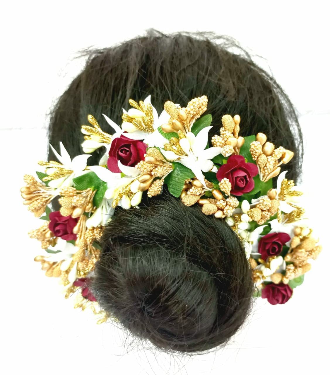 Vanshika Artificial Hair Gajra for Bun - Traditional Indian Dance Hair Accessories for Bharatnatyam & Kuchipudi - Golden Red Hair Jewelry for Women & Girls (Pack of 1) - Perfect for Weddings, Festivals & Cultural Performances