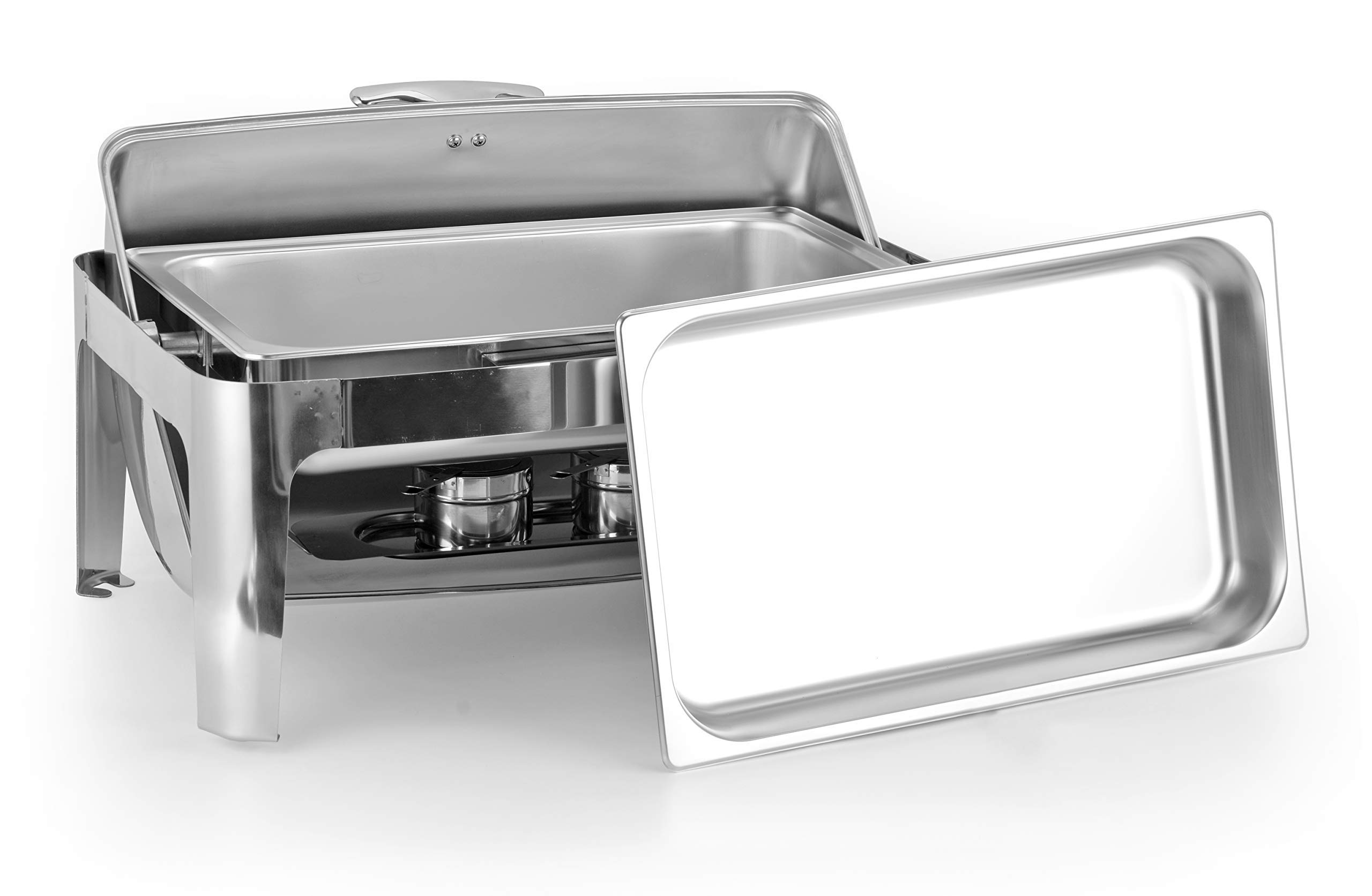 Premium 8qt Stainless Steel Roll Top Chafing Dish Set - Commercial Grade Buffet Catering Equipment with Fuel Holders, Lid & Apron - Includes 1 Full-Size Food/Water Pan, 1 Sectional Pan, 1 Tong & Serving Spoon - Perfect for Weddings, Banquets, Buffets & Catering Events