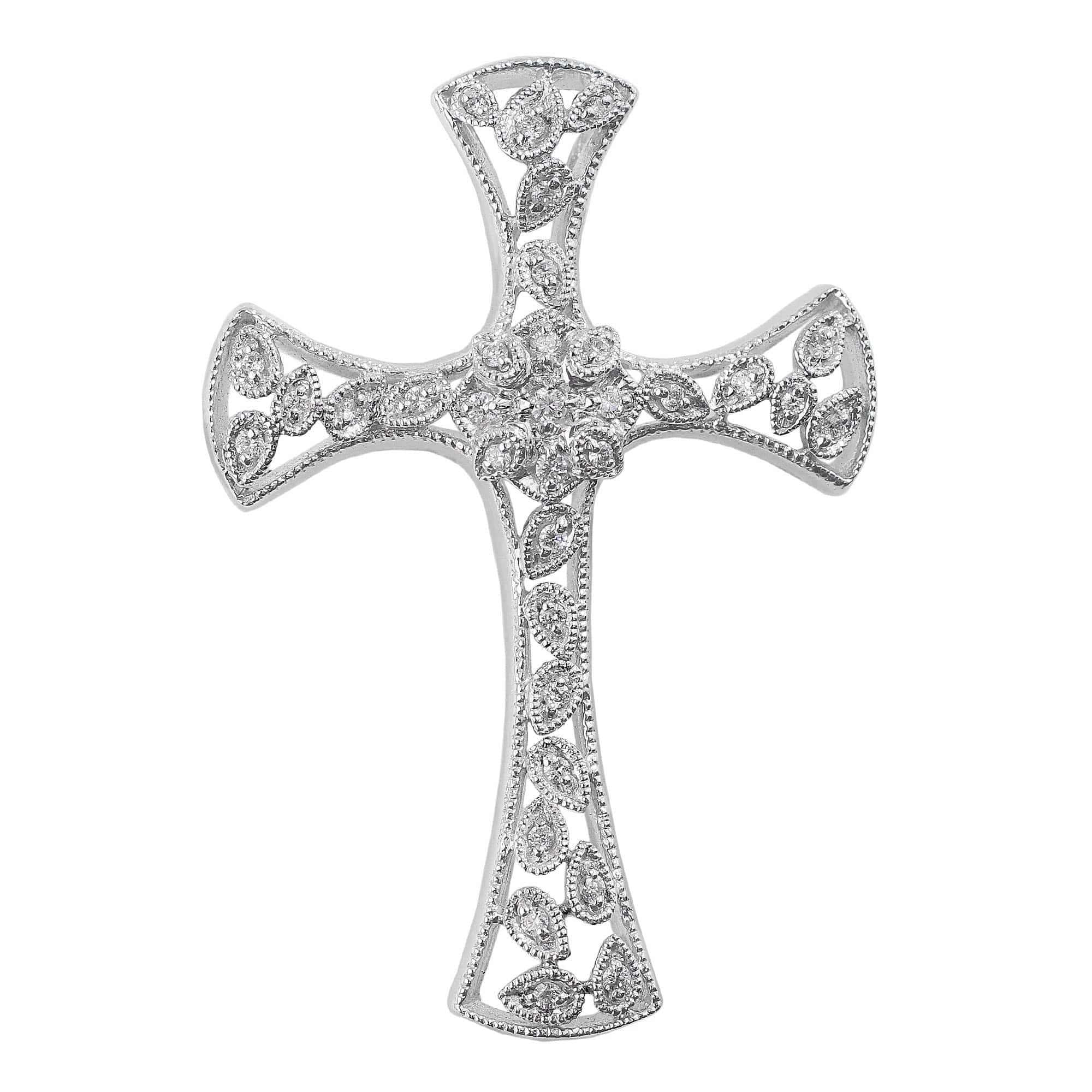 18K White Gold Filigree Diamond Cross Pendant Necklace - Elegant Religious Jewelry for Women, Perfect for Baptism, Confirmation & Special Occasions