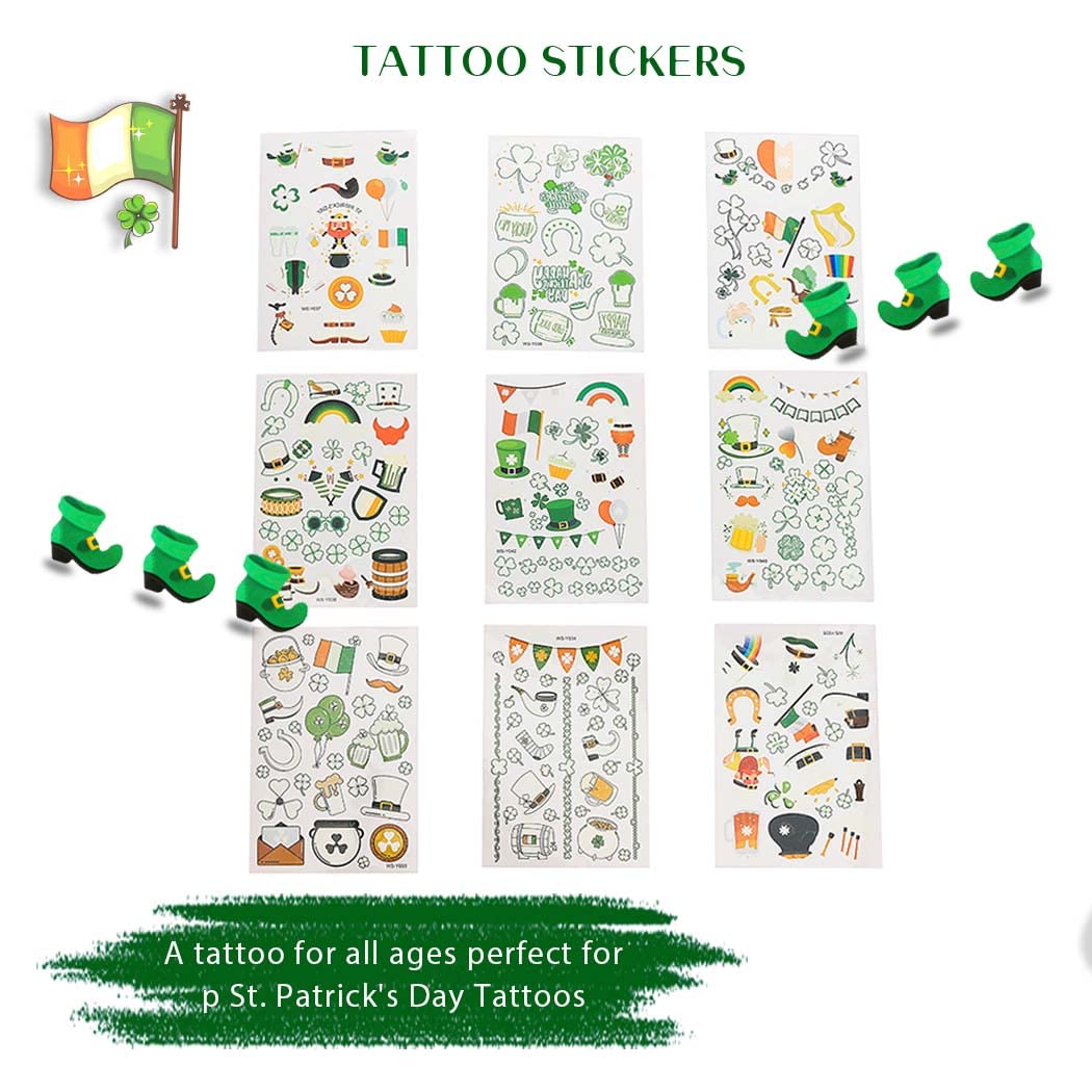 Zoestar St. Patrick's Day Temporary Tattoos - 24pcs Irish Shamrock Tattoo Stickers for Women & Girls - Green Festival, Rave Party, Face & Body Art Decorations - Perfect for St. Patrick's Day Parties, Irish Themed Events & Celtic Celebrations