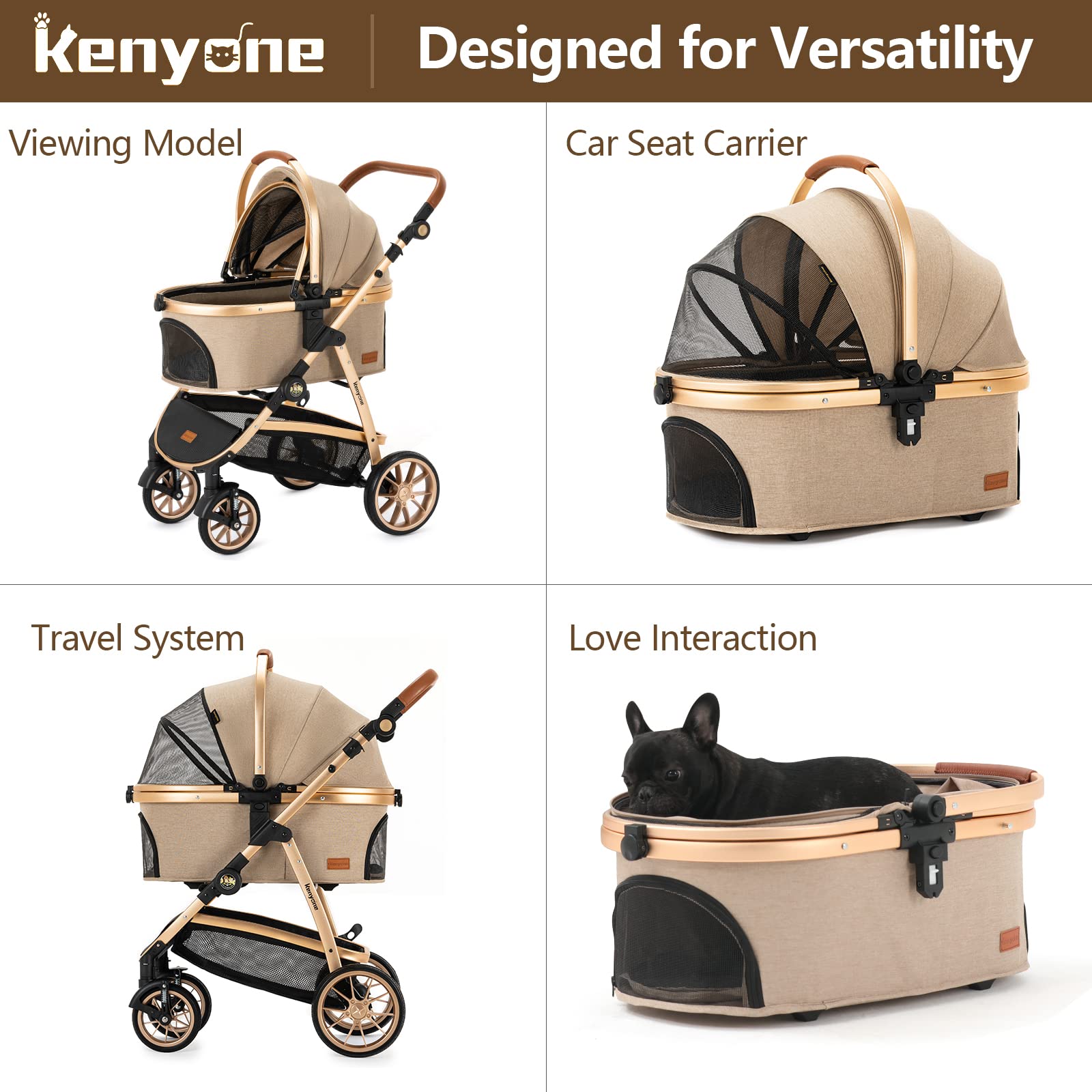 **Kenyone 3-in-1 Pet Stroller for Small & Medium Dogs & Cats - Luxury Large Detachable Carrier for Puppy, Kitty, Doggie (C510L Khaki) - Perfect for Walks, Travel & Vet Visits**