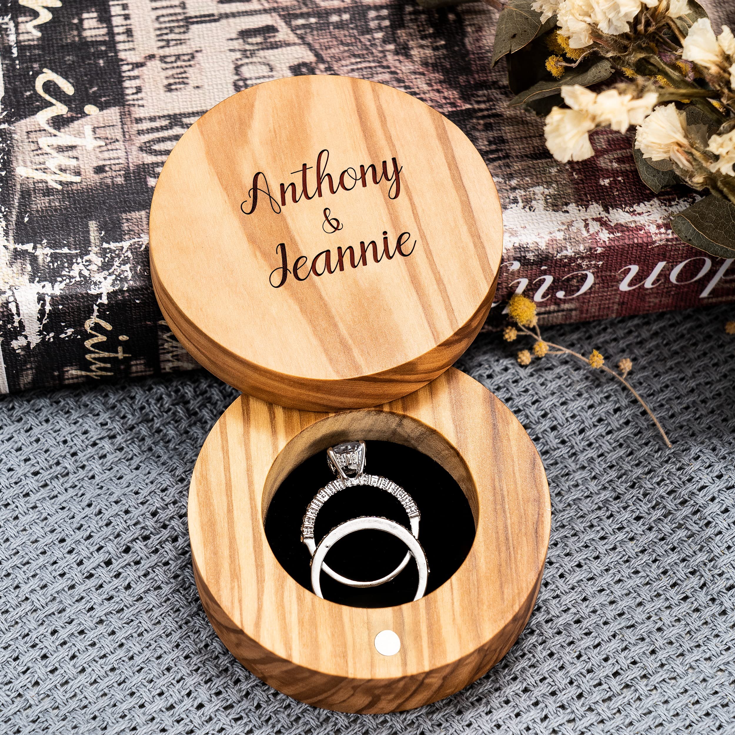 KWOOD Custom Engraved Wooden Ring Box - Personalized Round Jewelry Gift Box for Wedding Proposal, Engagement & Anniversary - Perfect for Romantic Surprises & Keepsake Storage