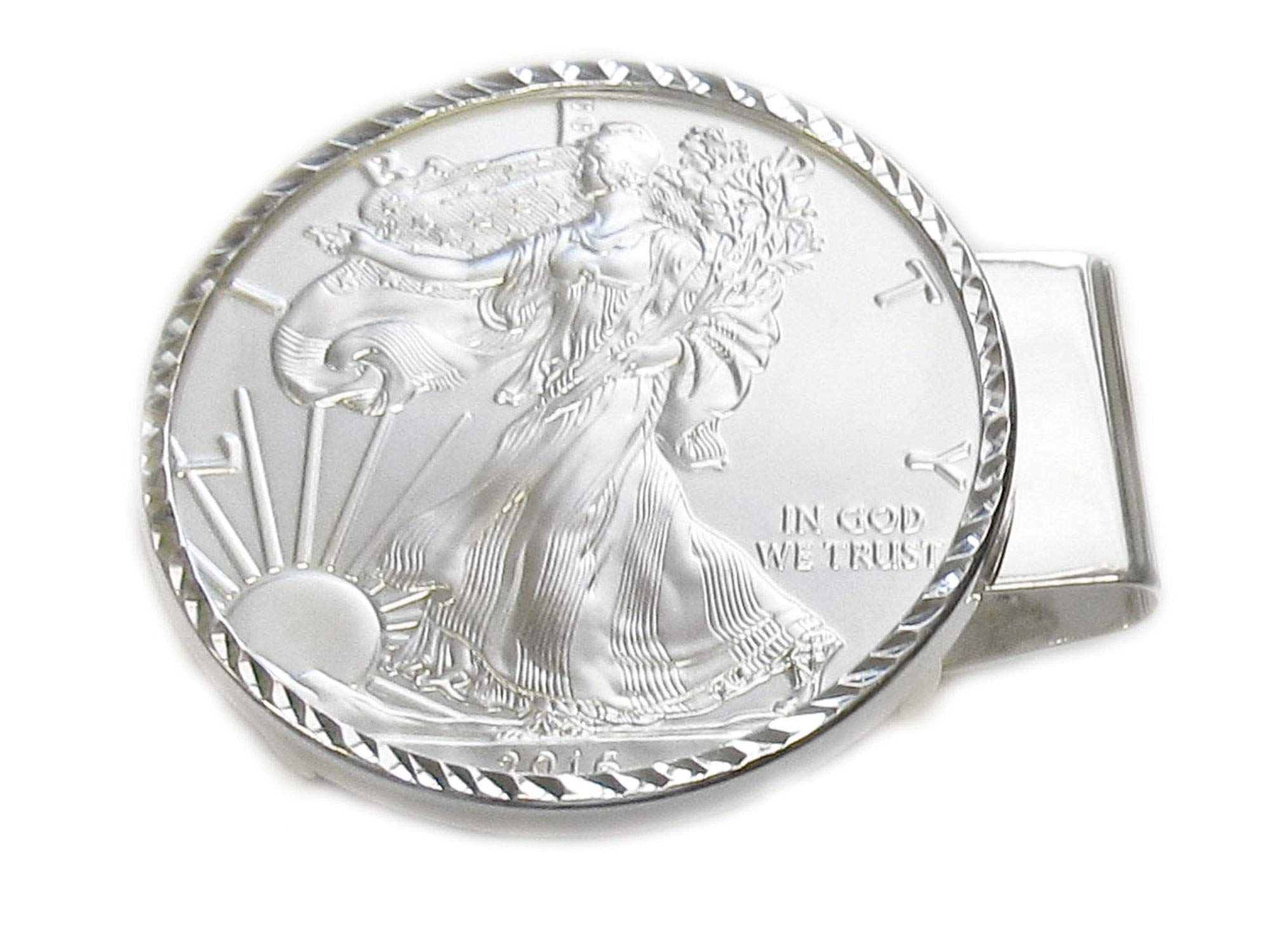 2021 American Silver Eagle 1 oz Silver Dollar Coin Money Clip – Diamond Cut Sterling Silver & Rhodium Plated Hinged Back – Perfect for Gifts, Collectors & Everyday Carry (EDC) Accessory