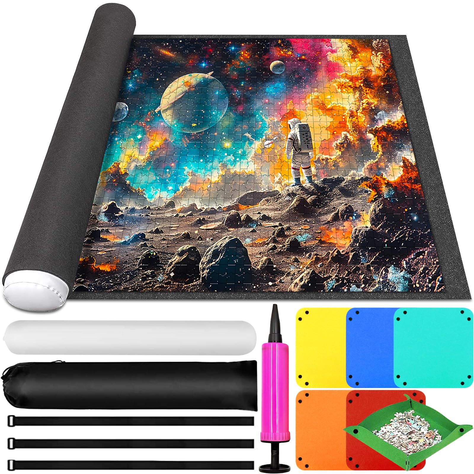 Premium Puzzle Roll Up Mat for 1000-3000 Piece Puzzles - Non-Slip Felt Puzzle Storage Mat with 6 Sorting Trays - Portable & Foldable Puzzle Saver - Perfect for Home, Travel & Puzzle Enthusiasts (Gray)