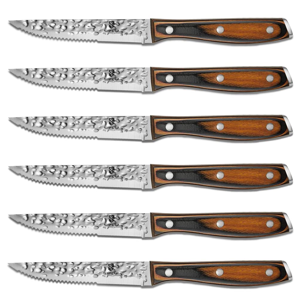 Premium SipLip Steak Knives Set of 6 - Ultra Sharp Serrated Stainless Steel Blades with Elegant Wooden Handle - Rust Resistant & Durable Cutlery in Gift Box - Perfect for Steak Dinners, BBQ Parties & Holiday Gifting