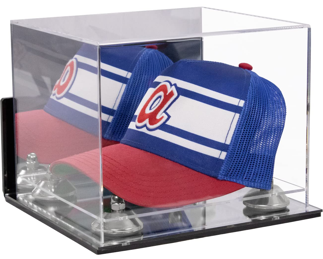 Premium Acrylic Baseball Hat Display Case with Mirror - Wall Mount & Silver Risers for Collector's Caps (V21/A006) - Perfect for Sports Memorabilia, Retail Stores & Home Decor Showcase