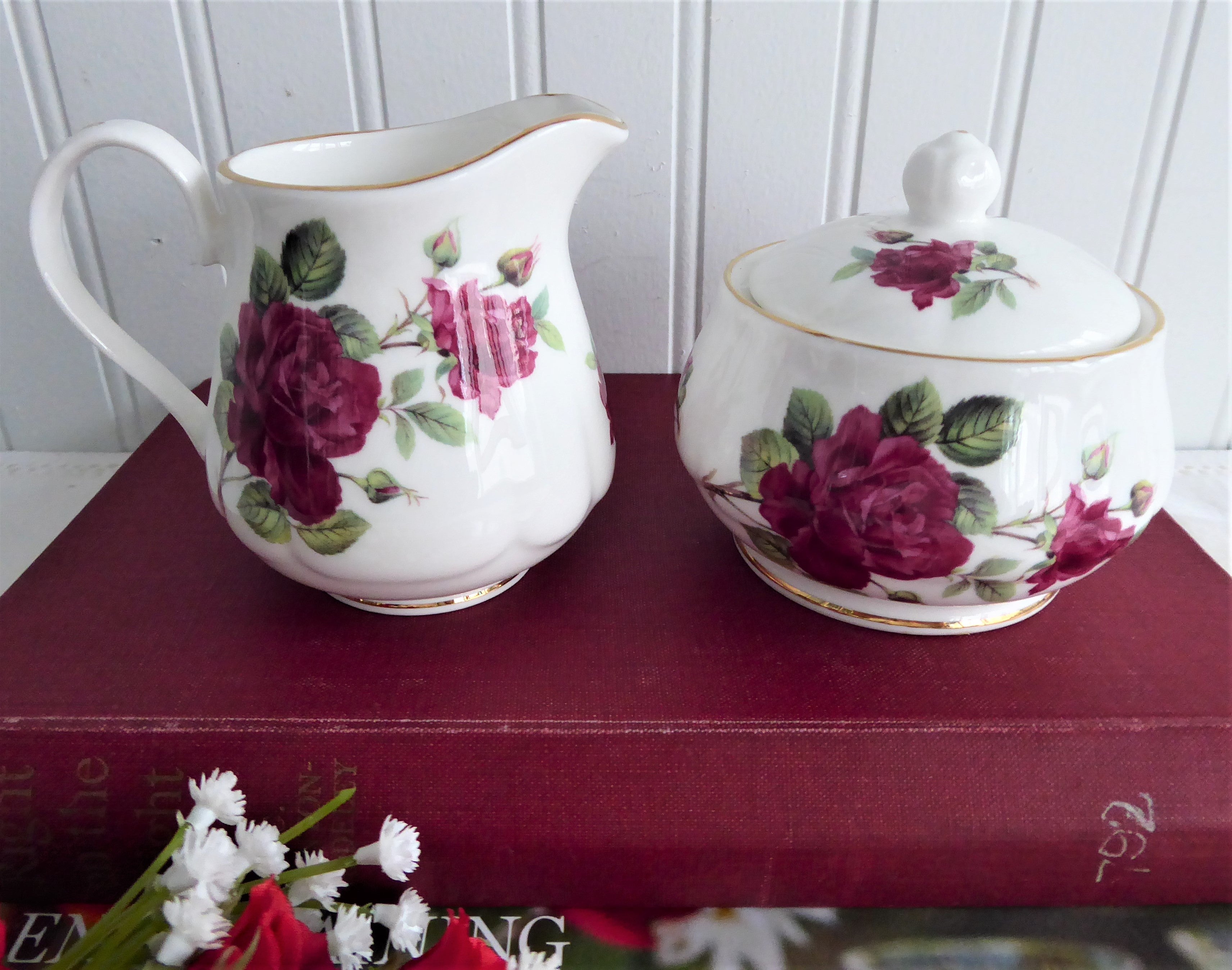 Royal Patrician English Bone China Tea Cup Set - Cream & Sugar Burgundy Rose Design (2002 Collection) - Perfect for Afternoon Tea, Bridal Showers & Vintage Home Decor
