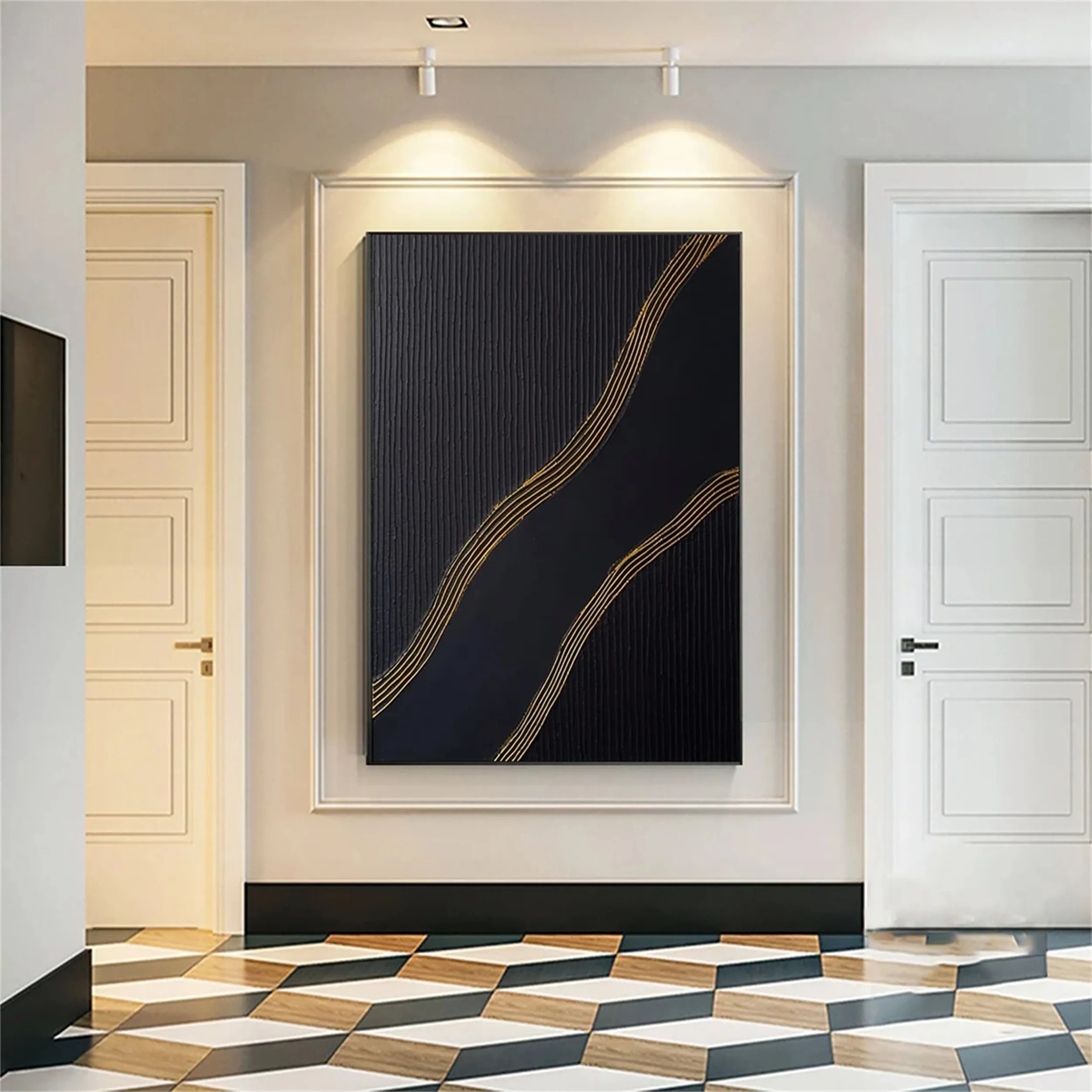 Black Gold Minimalist Textured Abstract Wall Art Painting #MZ084 - Modern Home & Office Decor for Living Room, Bedroom, or Workspace