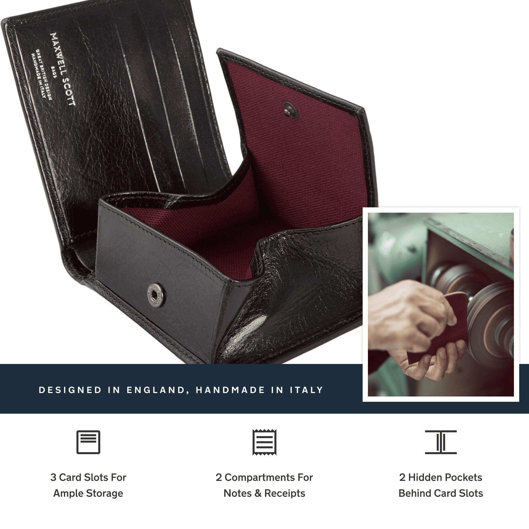 Maxwell Scott Men's Luxury Leather Wallet with Coin Pocket - Handmade Full Grain Leather Bifold Wallet for Men - The Ticciano Black - Perfect for Everyday Carry, Travel & Business