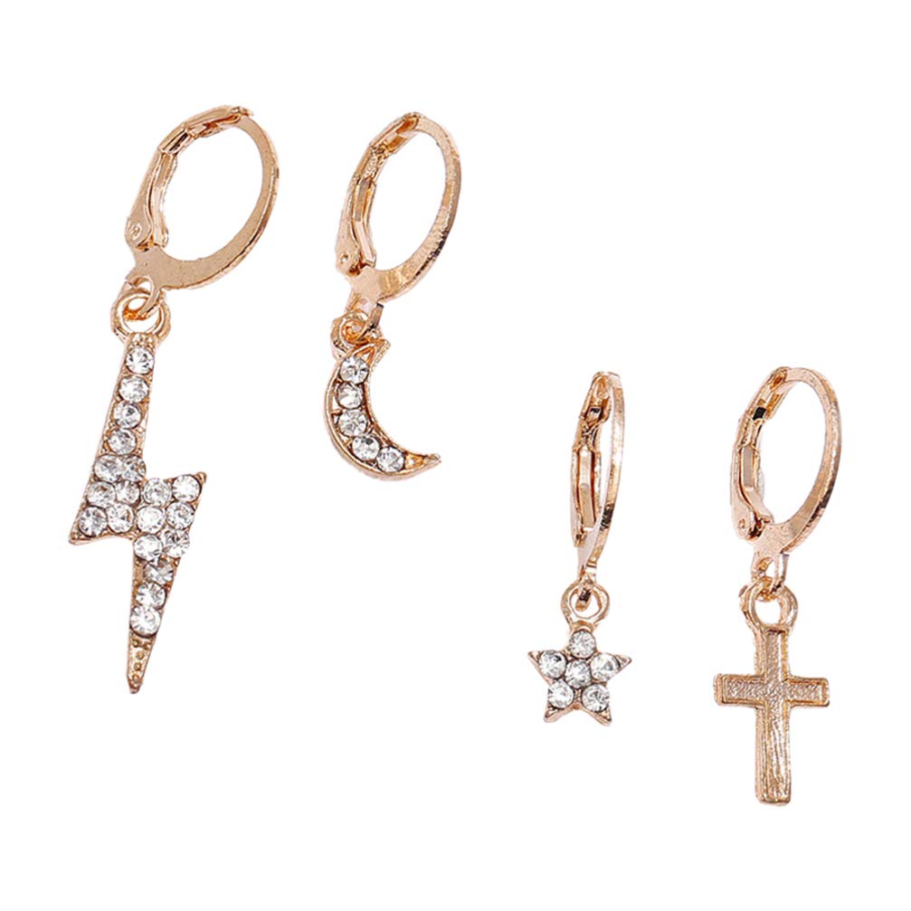 Amosfun 4-Piece Mini Hoop Earrings Set - Moon, Star, Cross & Lightning Charm Dangle Drop Earrings for Women & Teen Girls | Trendy Everyday Wear & Gift for Birthday, Christmas