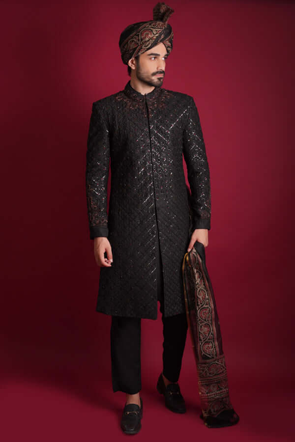 Elegant Jet Black Sherwani with Jewel Tones | Premium Indian Wedding Attire for Groom & Groomsmen | Perfect for Weddings, Festivals & Special Occasions