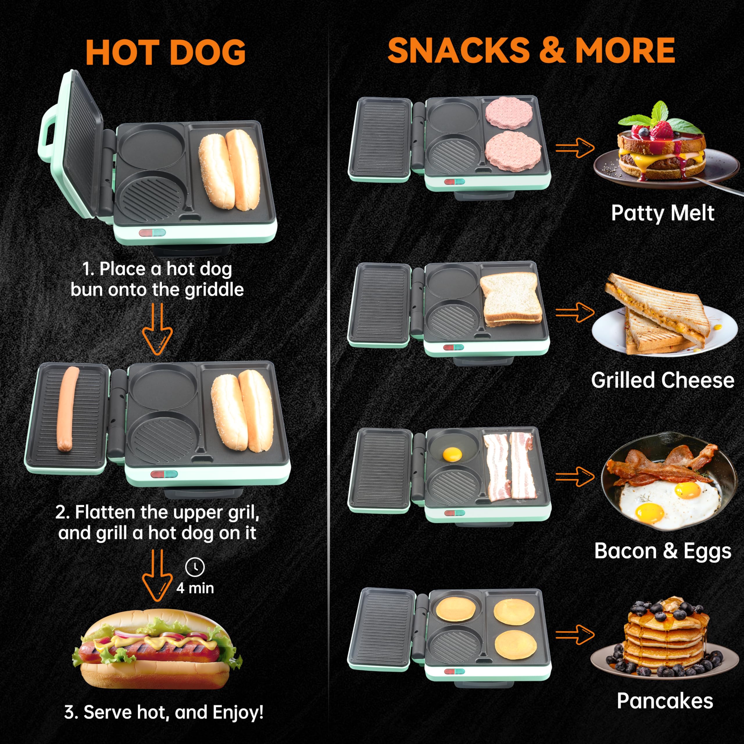 Baker's Friend 3-in-1 Electric Breakfast Sandwich Maker & Griddle - Nonstick Surface for Egg Muffins, Burgers, Hot Dogs & Pancakes - Includes Burger Press, Tongs & Cleaning Brush - Perfect for Quick Breakfasts, Brunch Parties & Camping Meals