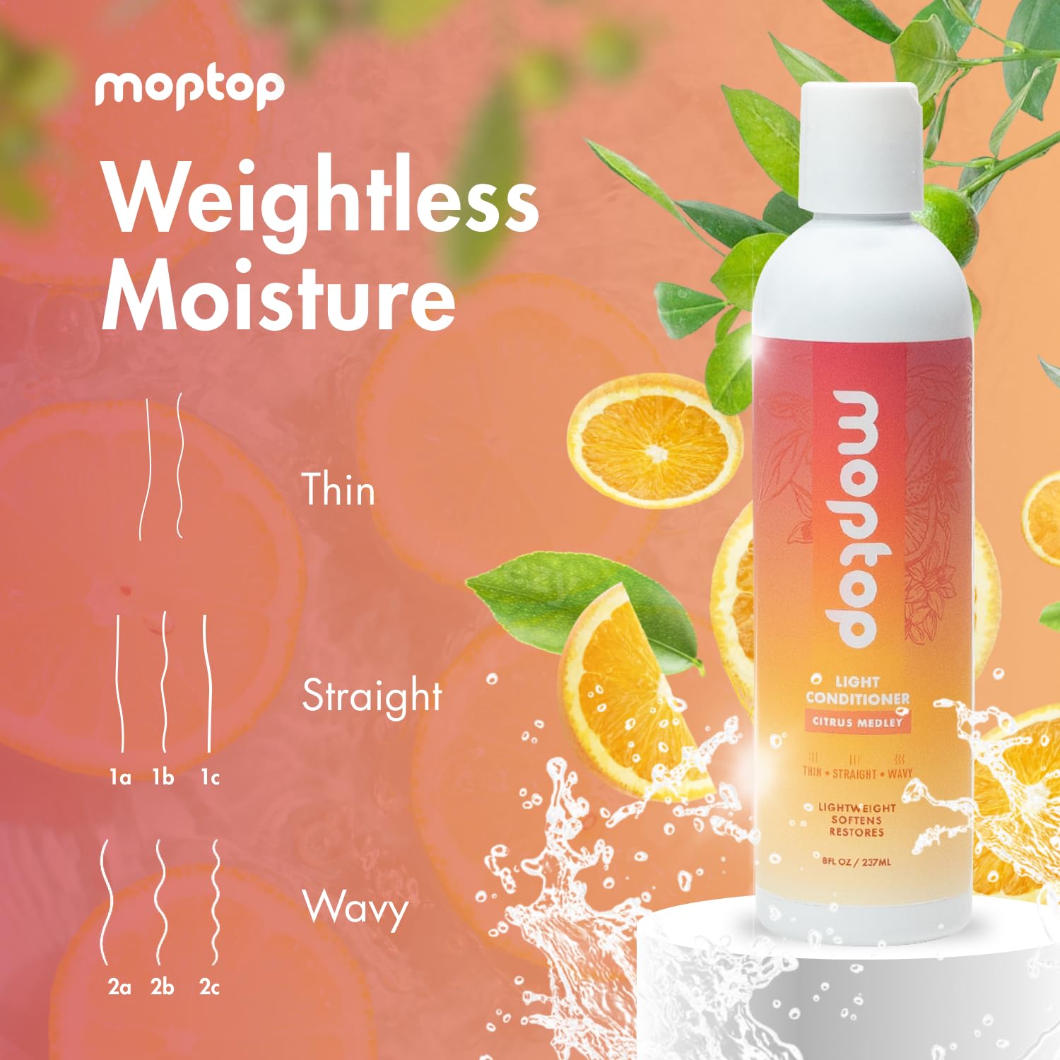 MopTop Light Conditioner - Sulfate & Paraben Free Hair Moisturizer for All Hair Types (Thin, Straight, Wavy, Curly) - Enhances Moisture & Reduces Frizz - Citrus Medley Scent - 8oz - Perfect for Daily Hair Care & Frizz Control