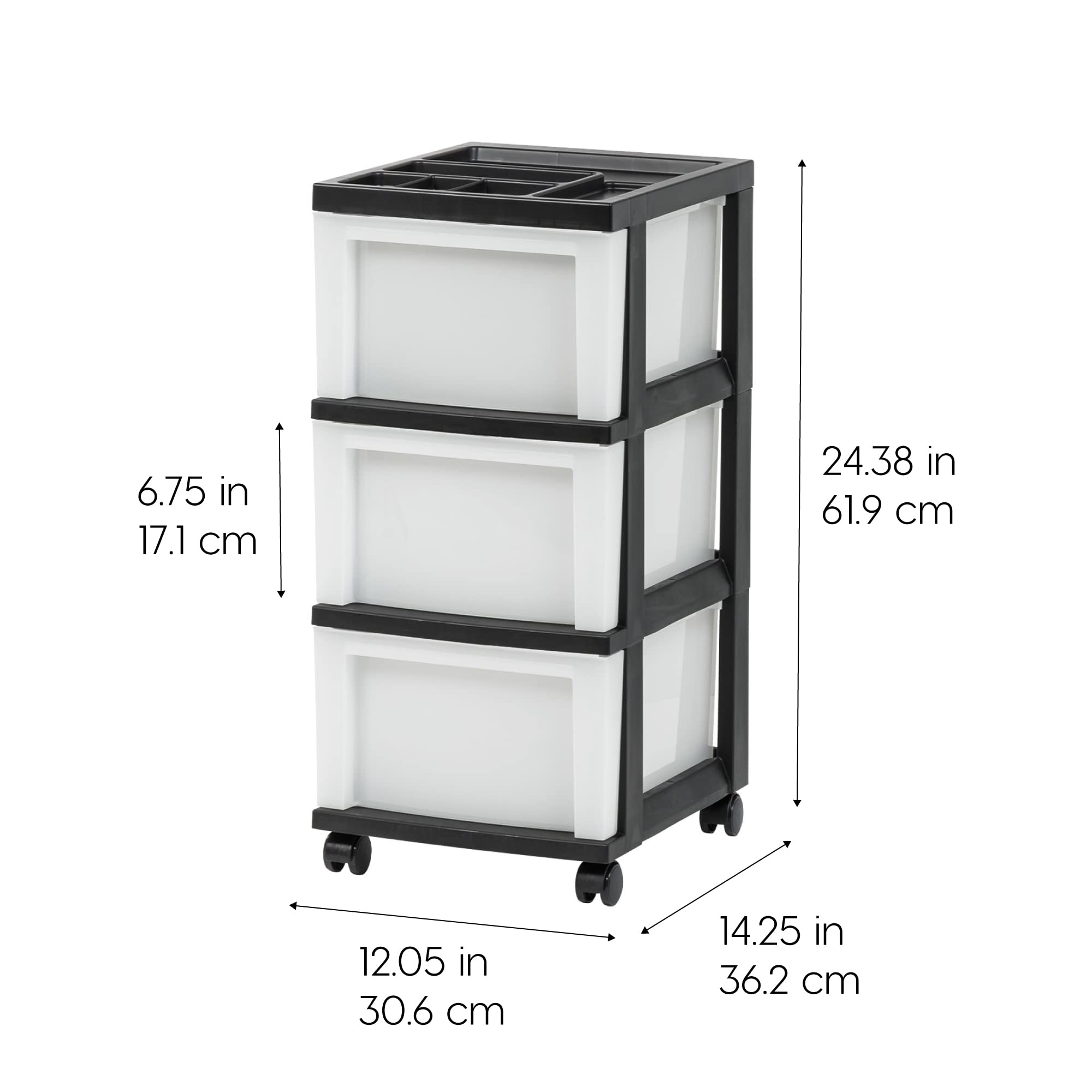 IRIS USA 3-Drawer Plastic Storage Cart with Wheels - Organizer for Classroom, Craft Supplies, Bathroom, Dorm & Laundry Room - Black/Pearl - Perfect for Home, Office & School Organization