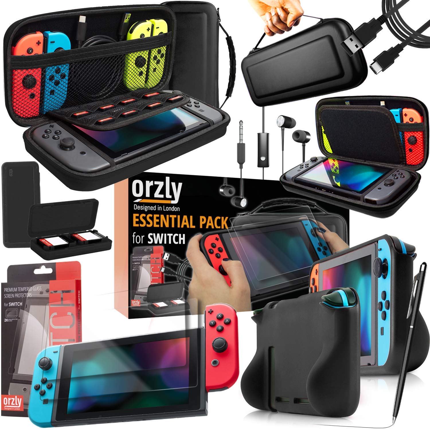 Orzly Nintendo Switch Accessories Bundle - Essential Pack with Protective Case, Tempered Glass Screen Protector, Grip Case, Game Holder & Headphones (Compatible with Original Switch, Not OLED Model) - Classic Black - Perfect for Travel, Gaming On-The-Go & Switch Protection