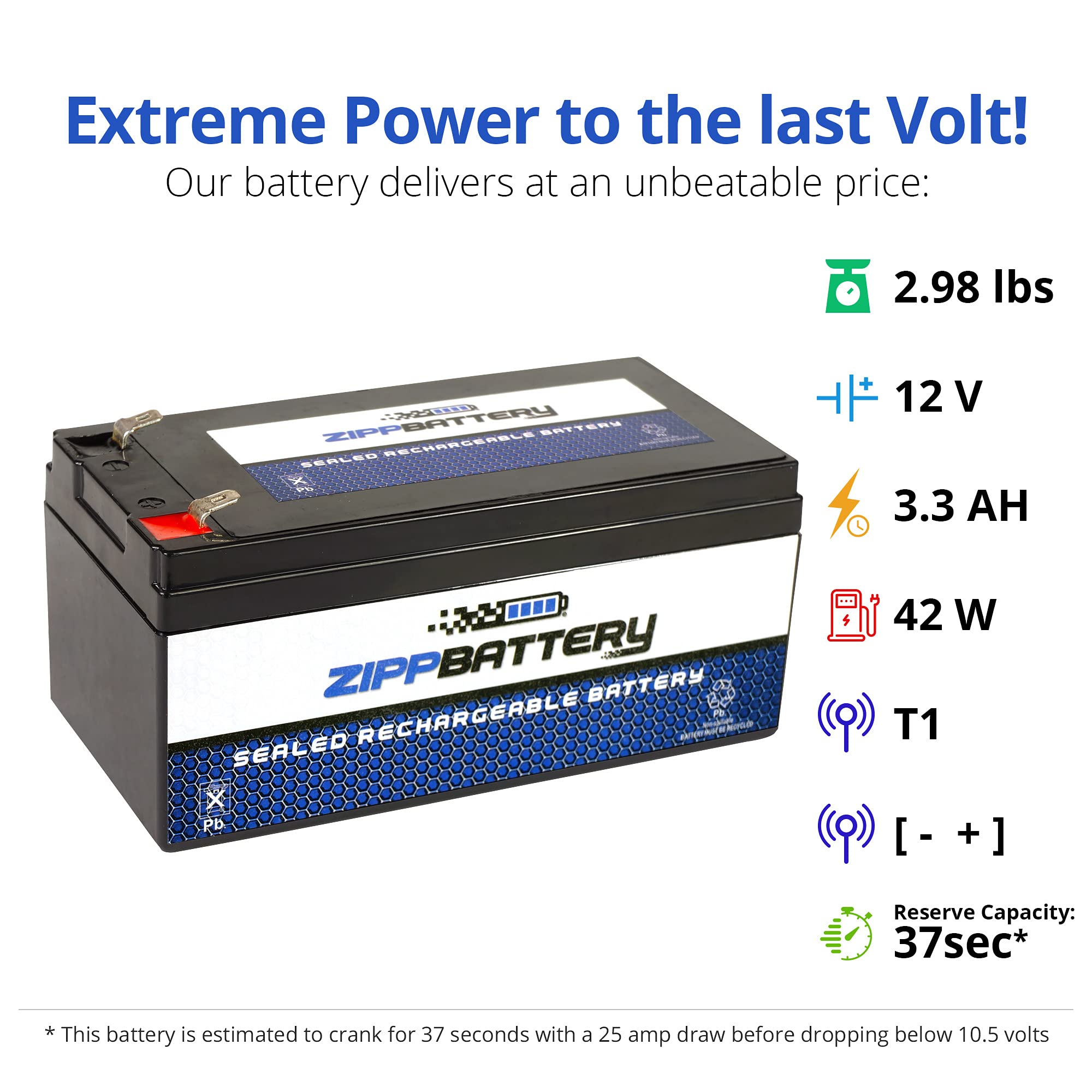 12V 3.3AH 40W Sealed Lead Acid (SLA) Rechargeable Battery with T1 Terminals - Compatible with Security Systems, Emergency Lighting & Backup Power by Zipp Battery