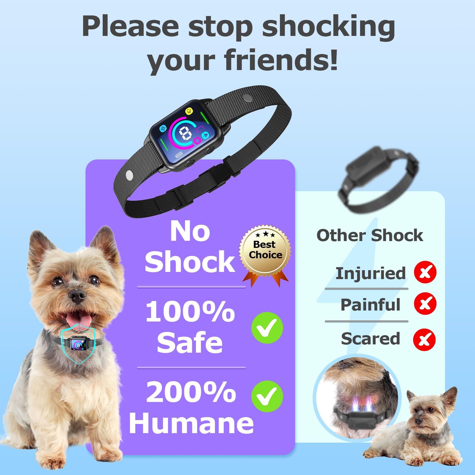 Humane No Shock Dog Bark Collar for Small & Medium Dogs - Rechargeable Anti-Barking Collar with 2 Vibration Modes, Beep & 8 Sensitivity Levels - Smart Bark Control for Indoor/Outdoor Use (Black)