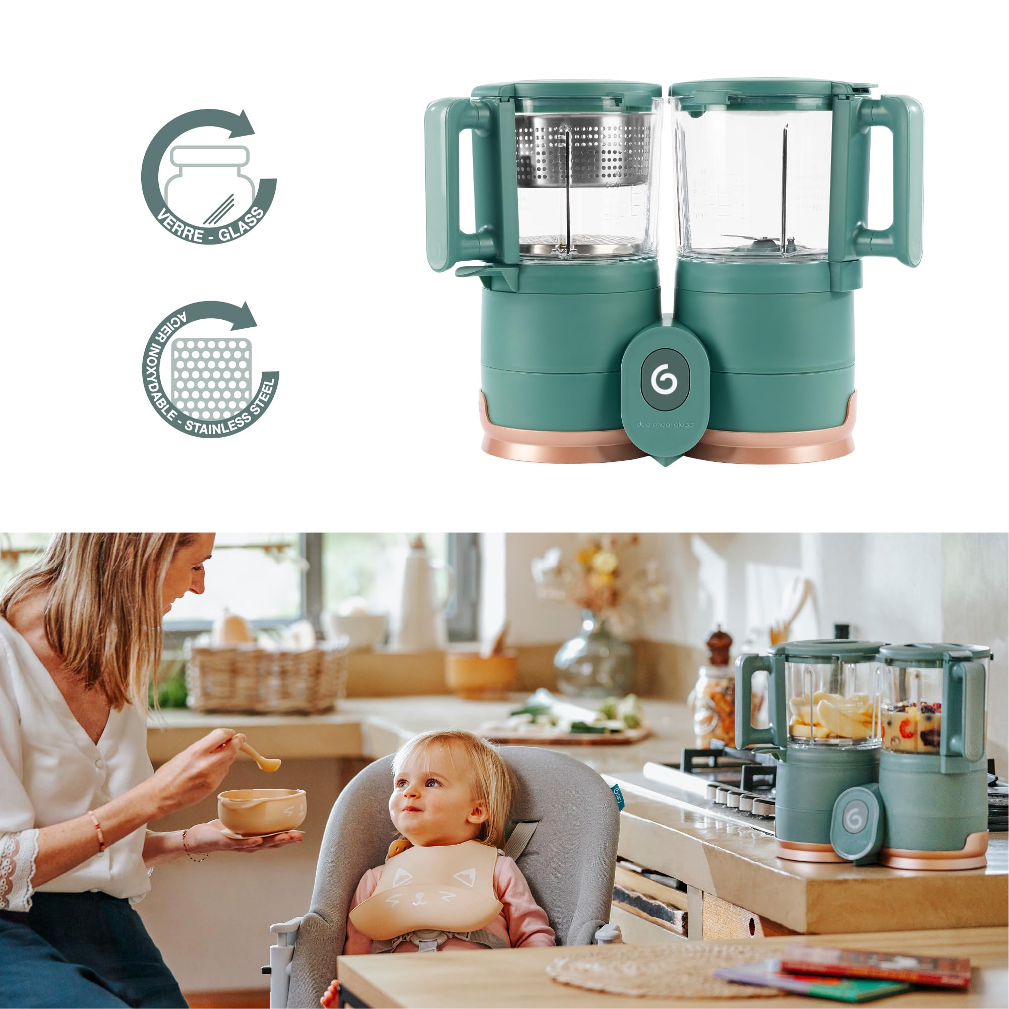 **Babymoov Duo Meal Glass Exclusive Bundle - Eco-Friendly Baby Food Maker with Non-Toxic Glass Steamer & Blender, Stainless Steel Basket, XL Capacity (Set of 4 Glass Containers Included) - Perfect for Homemade Baby Puree & Healthy Toddler Meals**