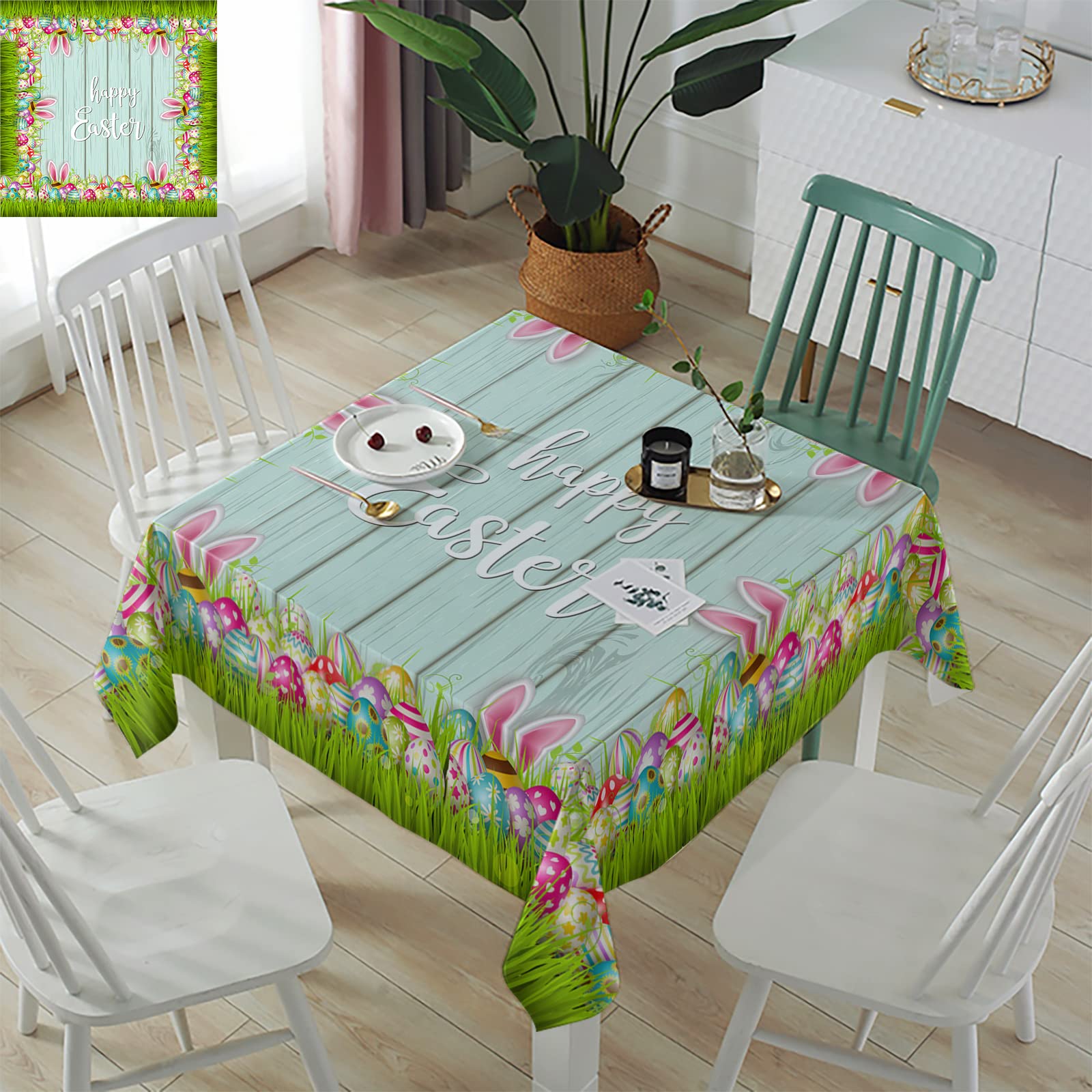 Waterproof Easter Tablecloth 54x54 Inches - Bunny & Egg Design for Square/Round/Rectangle Tables | Spring Party Decor, Green & Blue Polyester Table Cover for Easter Celebrations, Dinner Parties & Holiday Gatherings