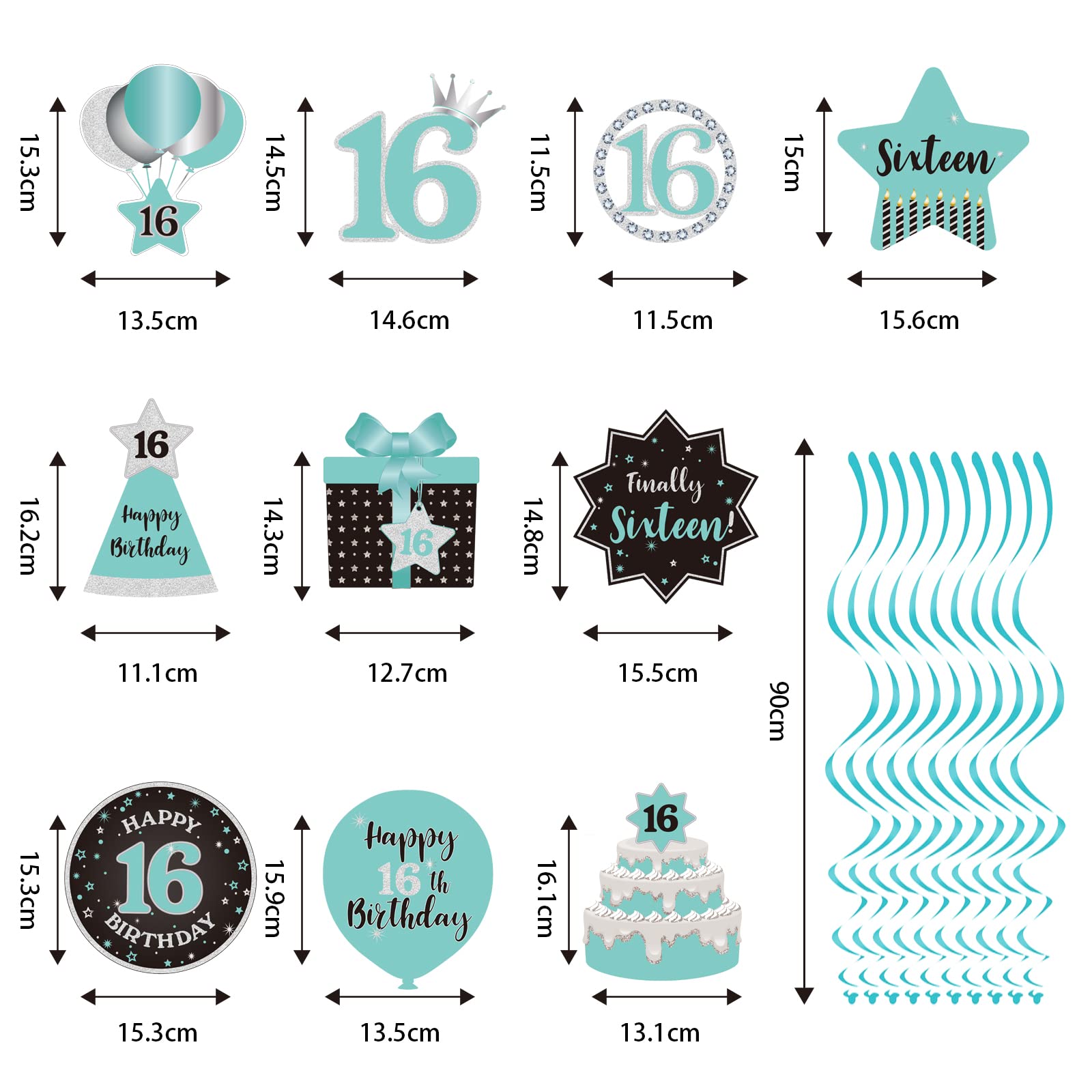 Sweet 16 Birthday Party Ceiling Decorations - 16th Birthday Hanging Swirls & Streamers in Teal, Silver, Black & Blue | Foil Cutout Decor for Teen Girl Celebration & Room Decor