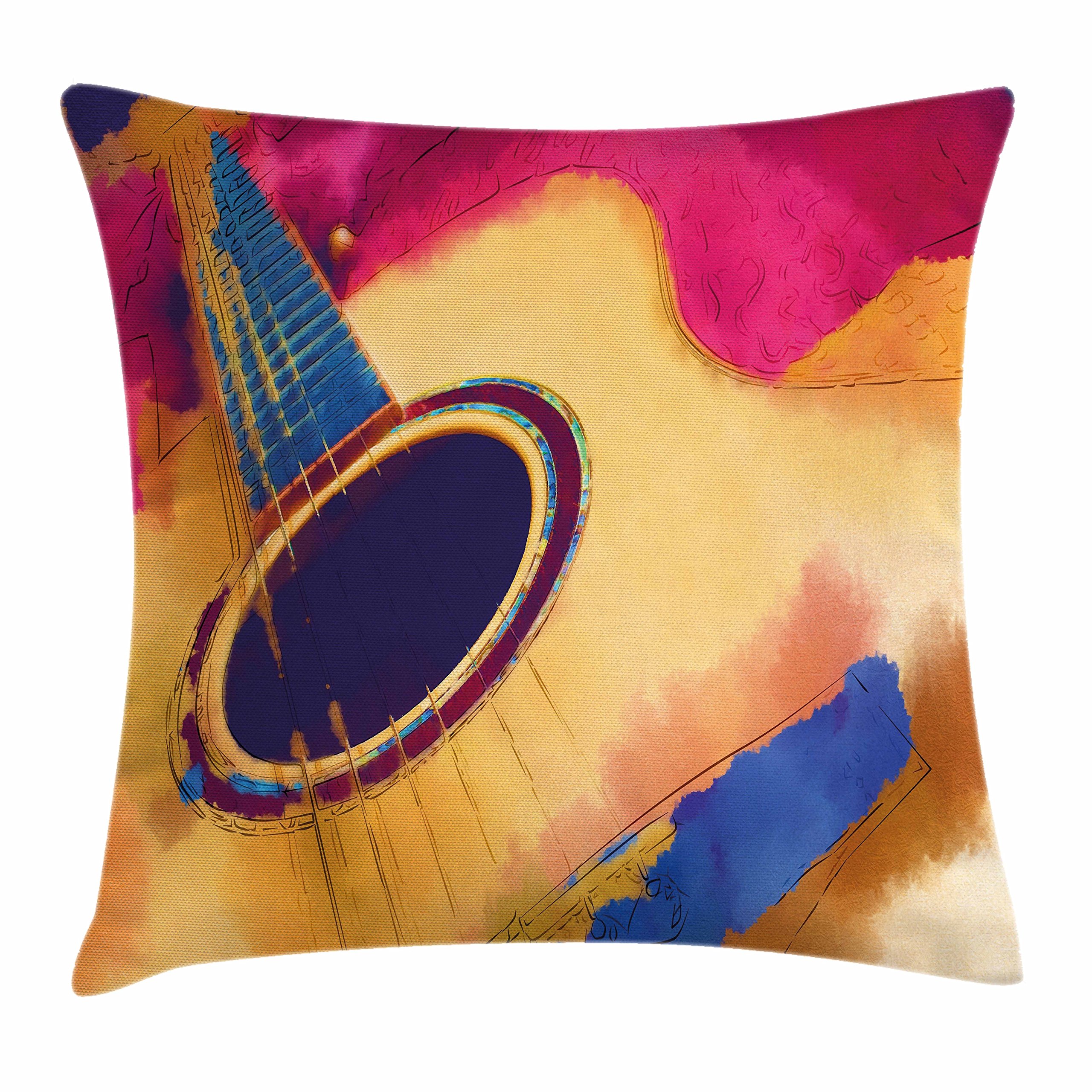Ambesonne Guitar Throw Pillow Cover 18x18 Inch - Abstract Watercolor Strings Design in Magenta Violet Blue & Mustard - Vintage Inspired Decorative Square Cushion Case for Living Room, Bedroom, Music Studio Decor