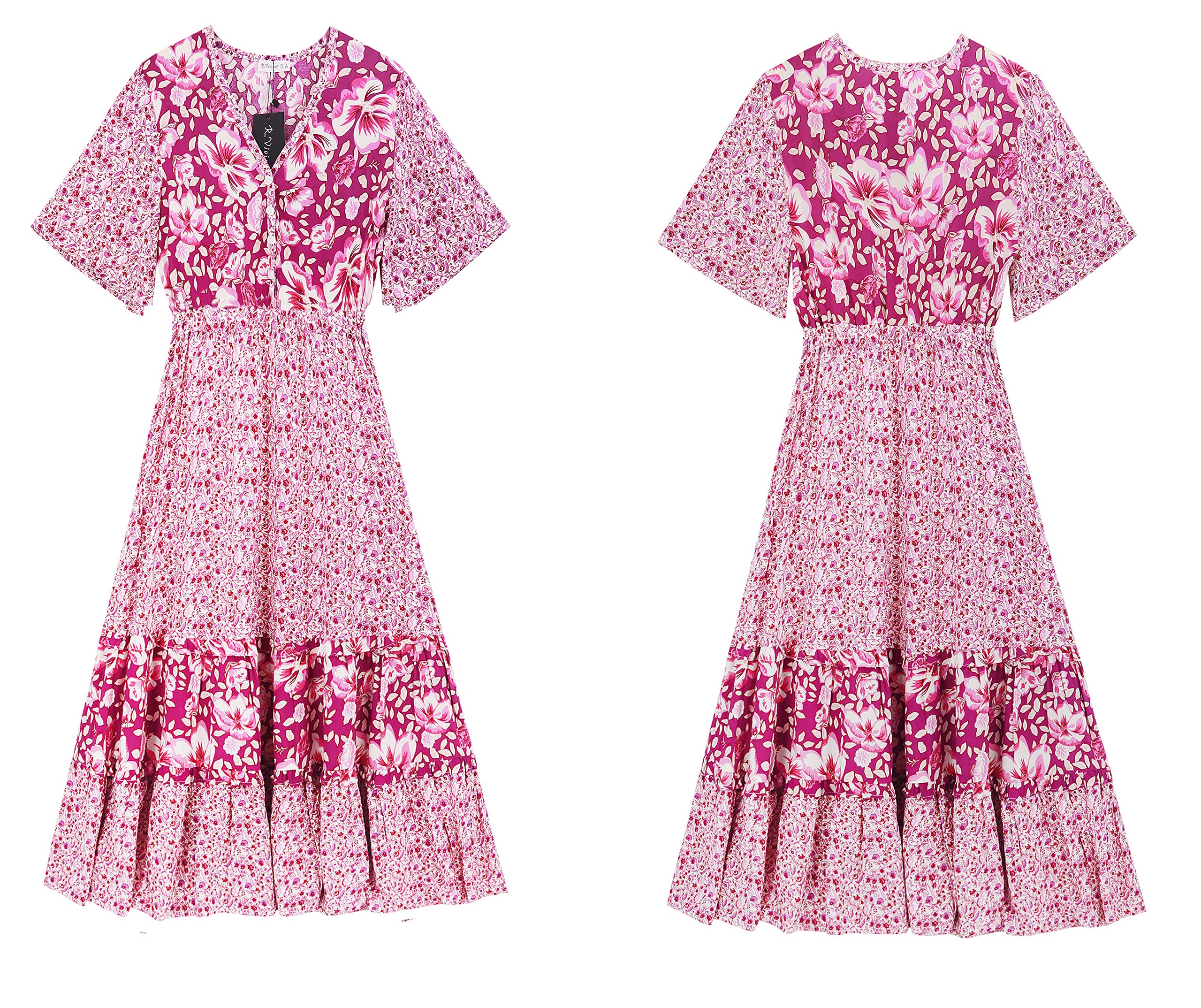 R.Vivimos Women's Floral Print Short Sleeve V-Neck Cotton Midi Dress with Button Front - Perfect for Beach Vacations, Summer Outings & Casual Wear