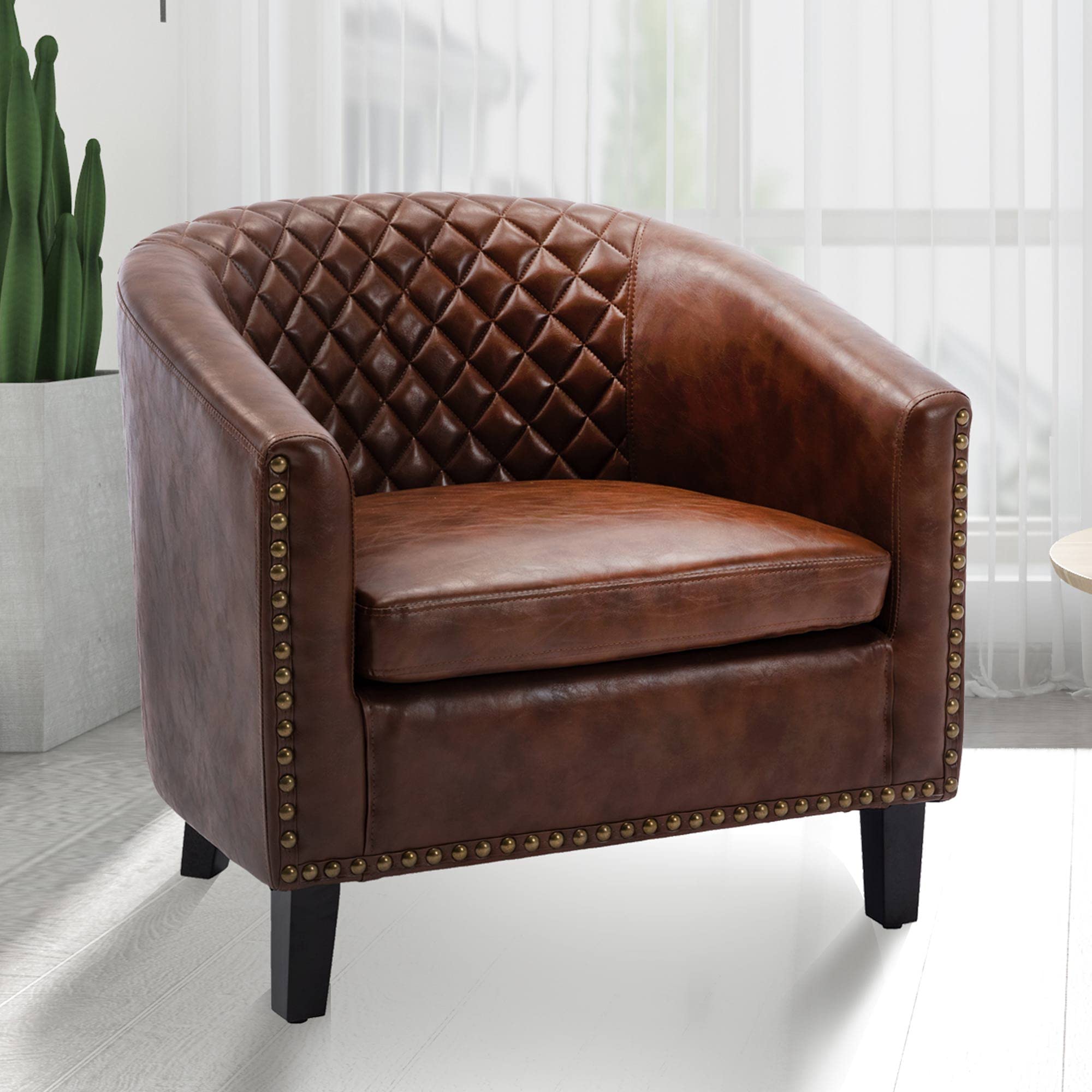 Accent Barrel Chair with Arms - Microfiber Upholstered Club Chair for Living Room, Reading Nook & Office - Sturdy Solid Wood Legs with Nailhead Trim (Brown PU Leather) - Perfect for Cozy Seating, Home Decor & Waiting Areas