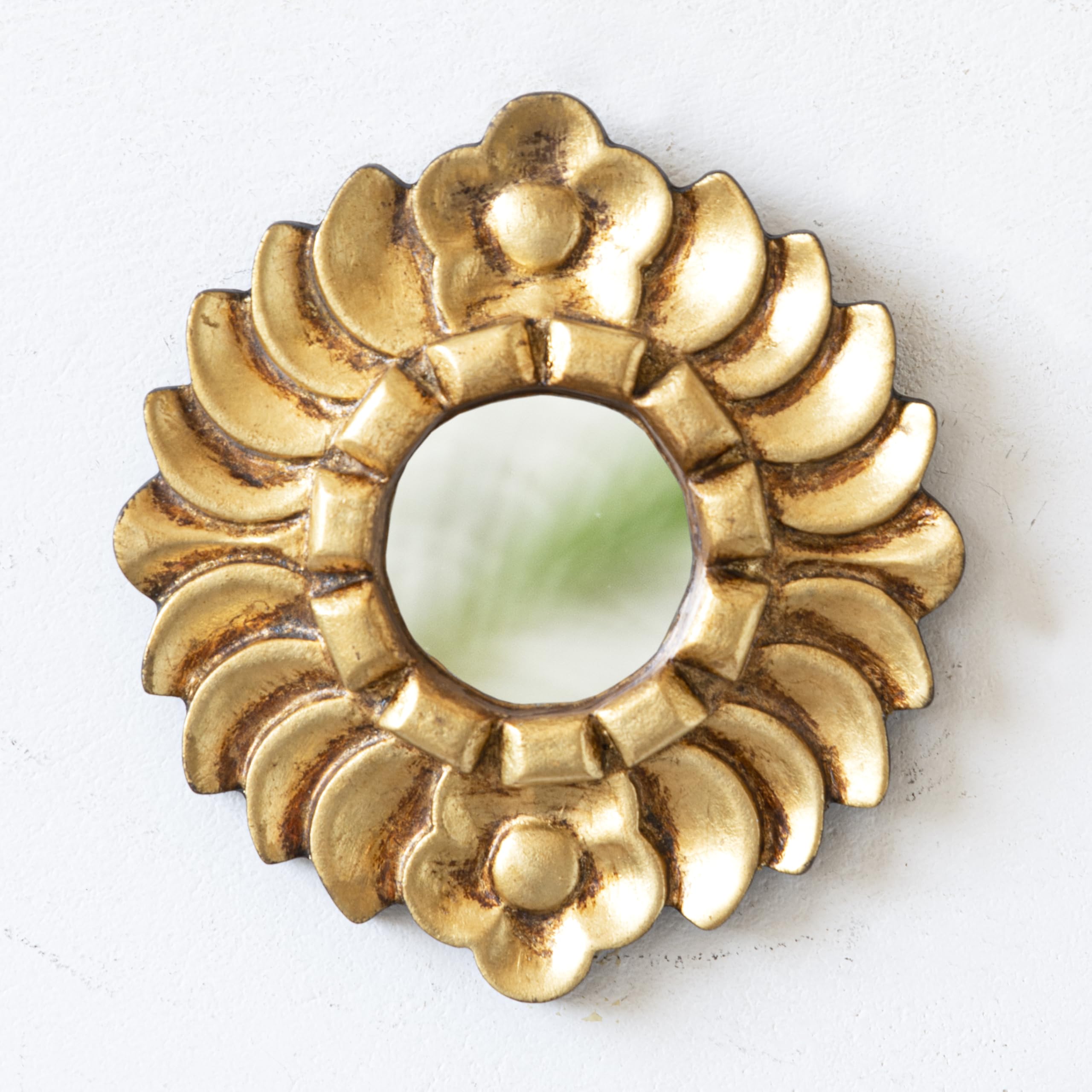 Handmade Small Gold Round Wall Mirror - Peruvian Hand-Carved Wood Hanging Mirror for Living Room Decor - Gold Leaf Mirror Wall Art - Perfect for Home, Bedroom & Entryway Decorations