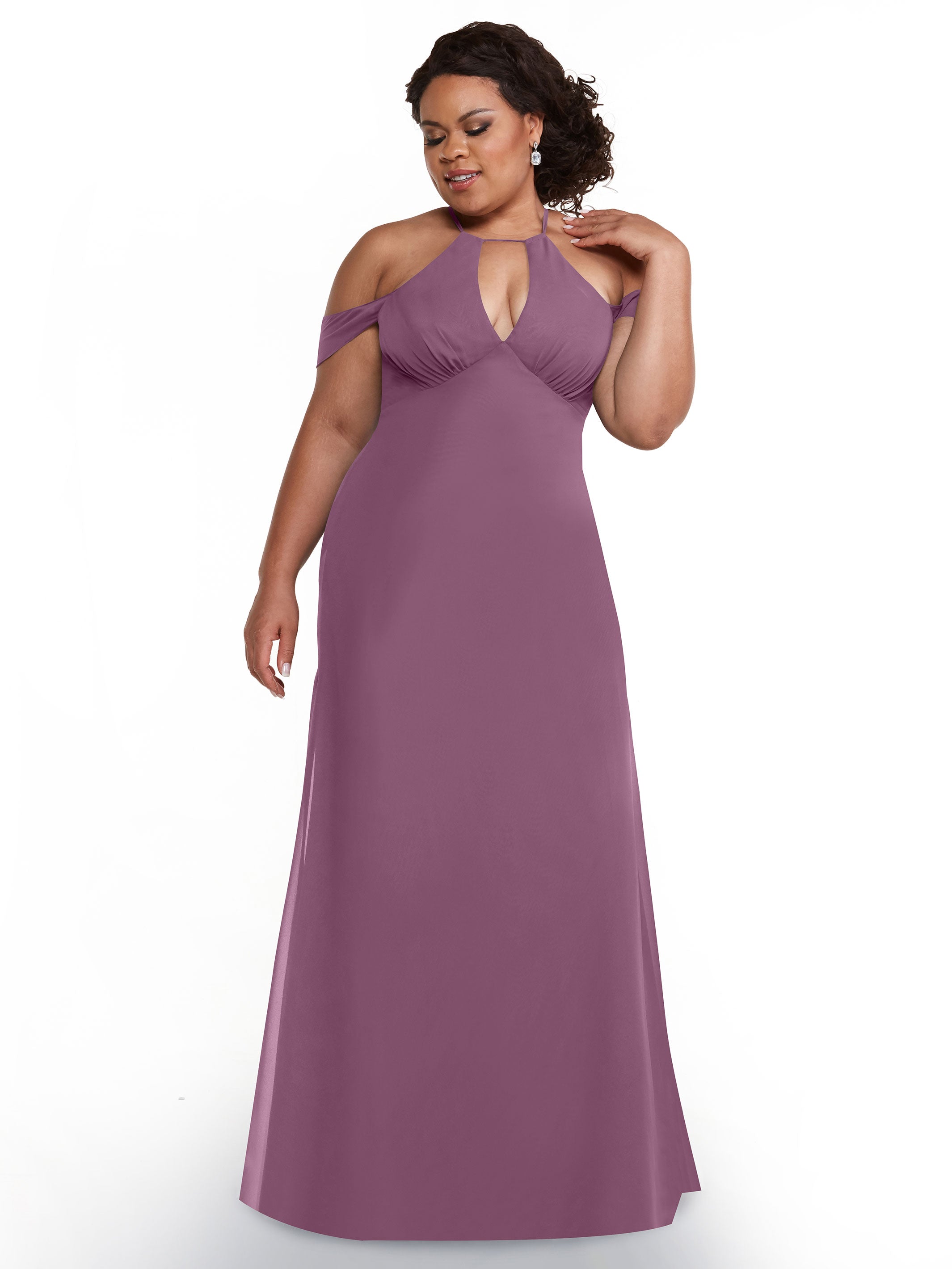Elegant Off-the-Shoulder Chiffon Bridesmaid Dress with Halter Neckline - Perfect for Weddings, Formal Events & Special Occasions