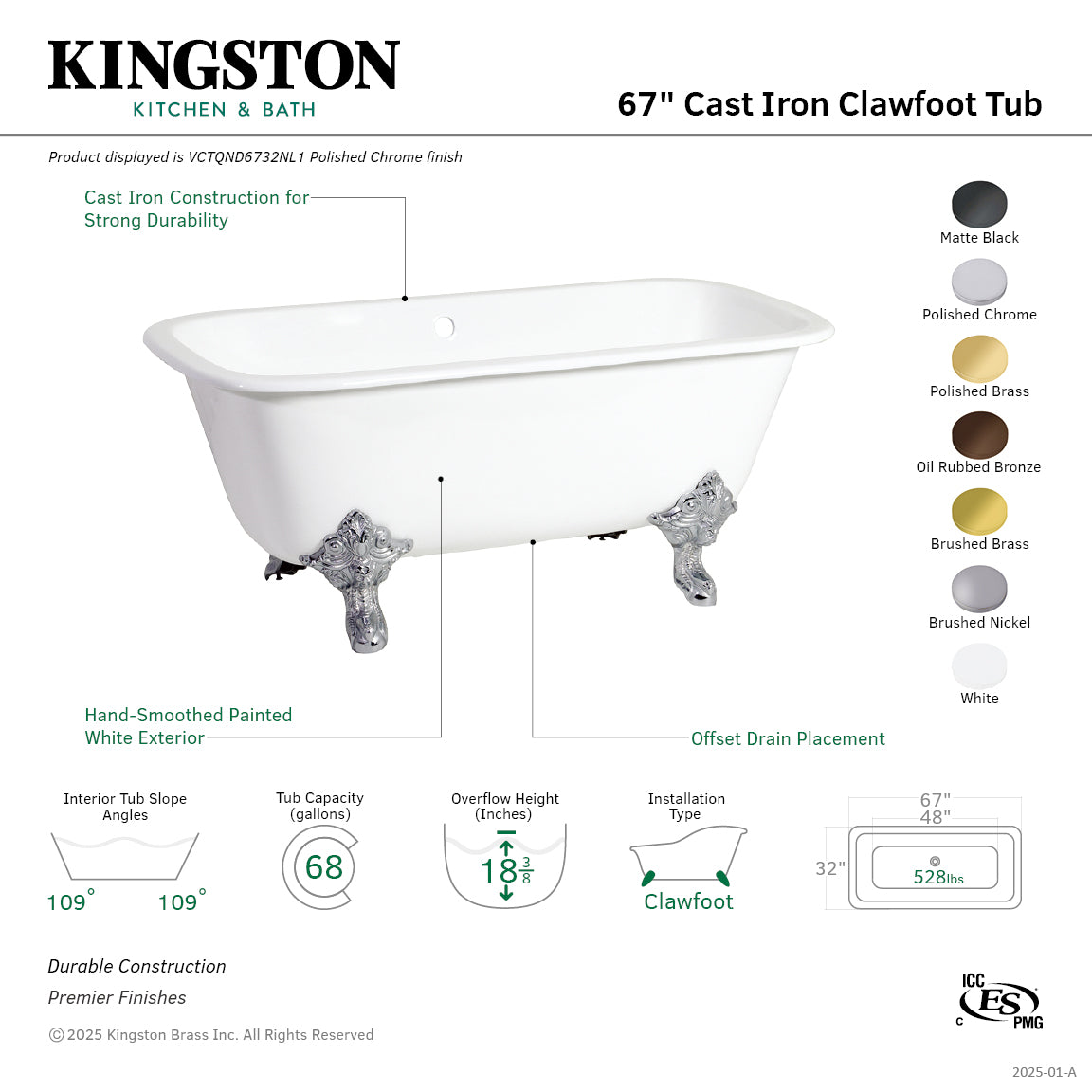 67 Inch White Cast Iron Clawfoot Bathtub with Brushed Brass Feet - Freestanding Rectangular Soaking Tub for Vintage Bathroom Decor (No Faucet Drillings) - Perfect for Spa Relaxation & Luxury Bathroom Renovations