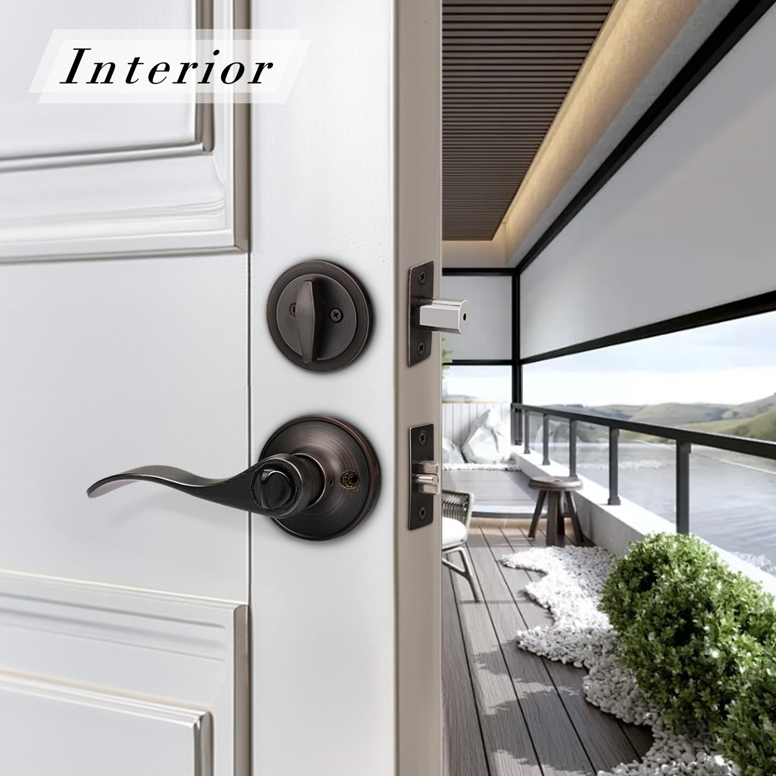 3 Pack Oil Rubbed Bronze Exterior Door Handle with Deadbolt - Wave Style Keyed Alike Entry Lockset for Home Security
