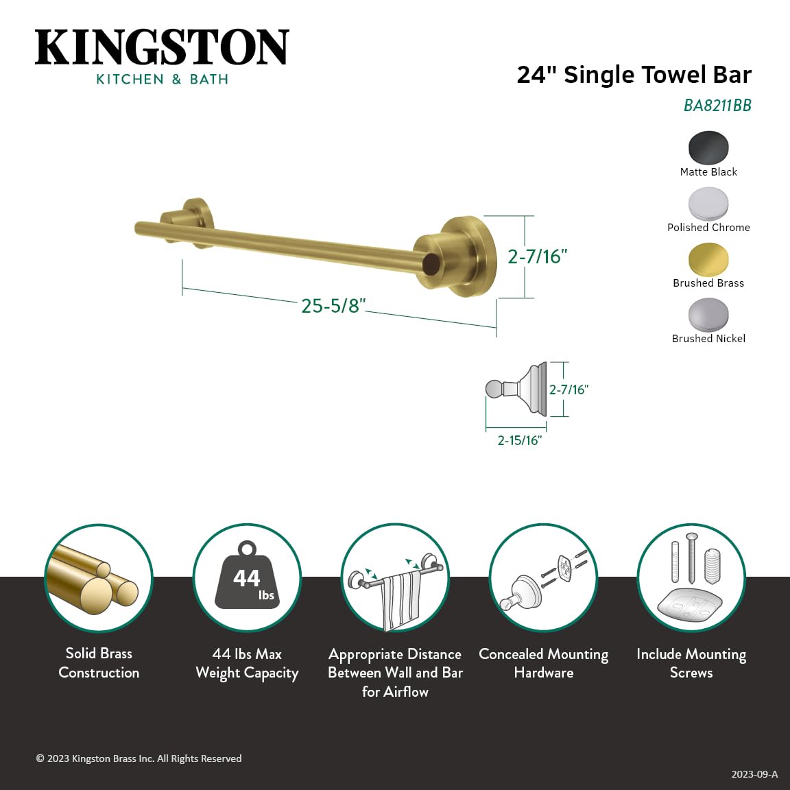 Kingston Brass BA8211BB Concord 24-Inch Brushed Brass Towel Bar - Bathroom & Spa Decor for Modern Homes