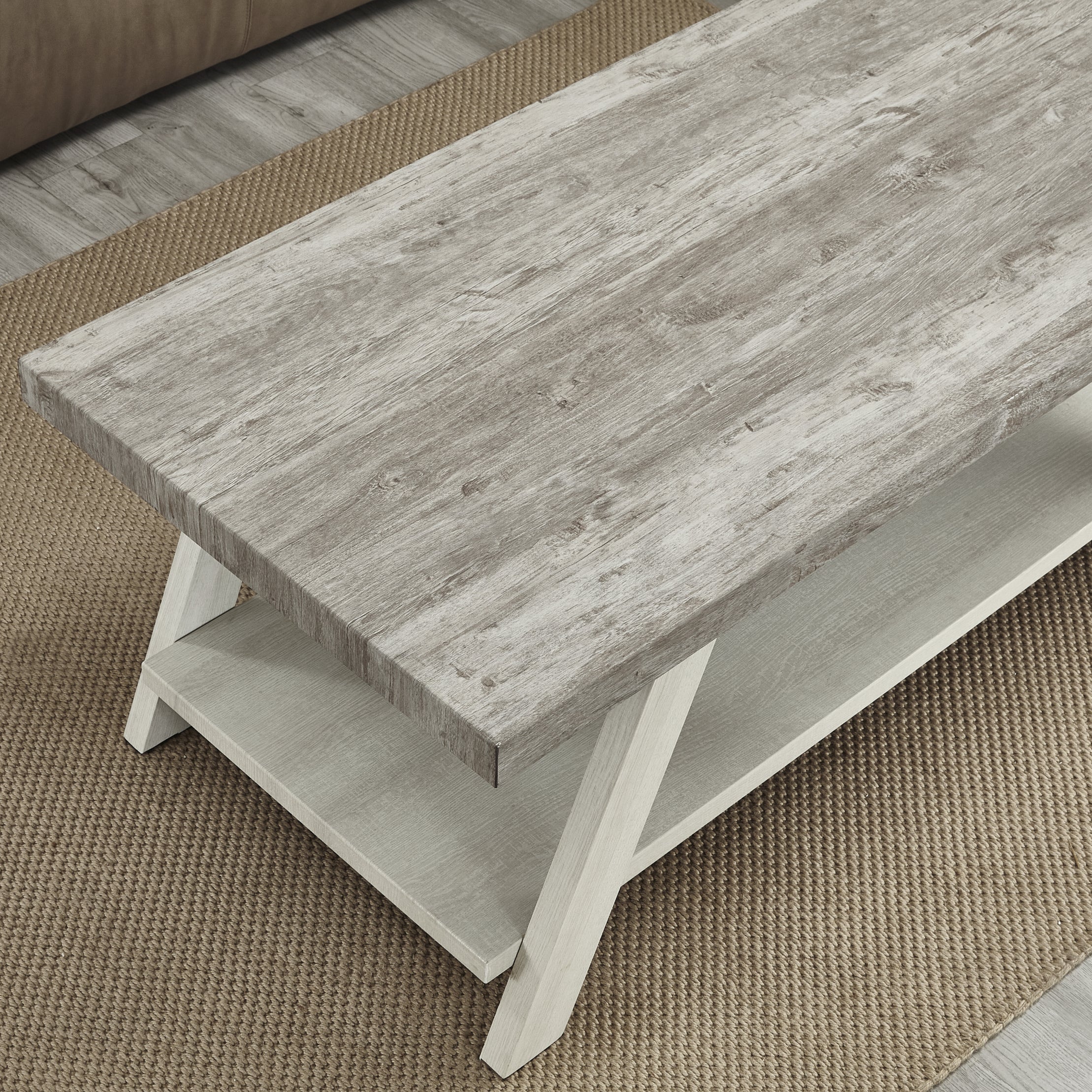 Roundhill Furniture Athens Contemporary Two-Tone Wood Shelf Coffee Table - Weathered Gray & Beige - Modern Living Room Accent Table for Home Decor
