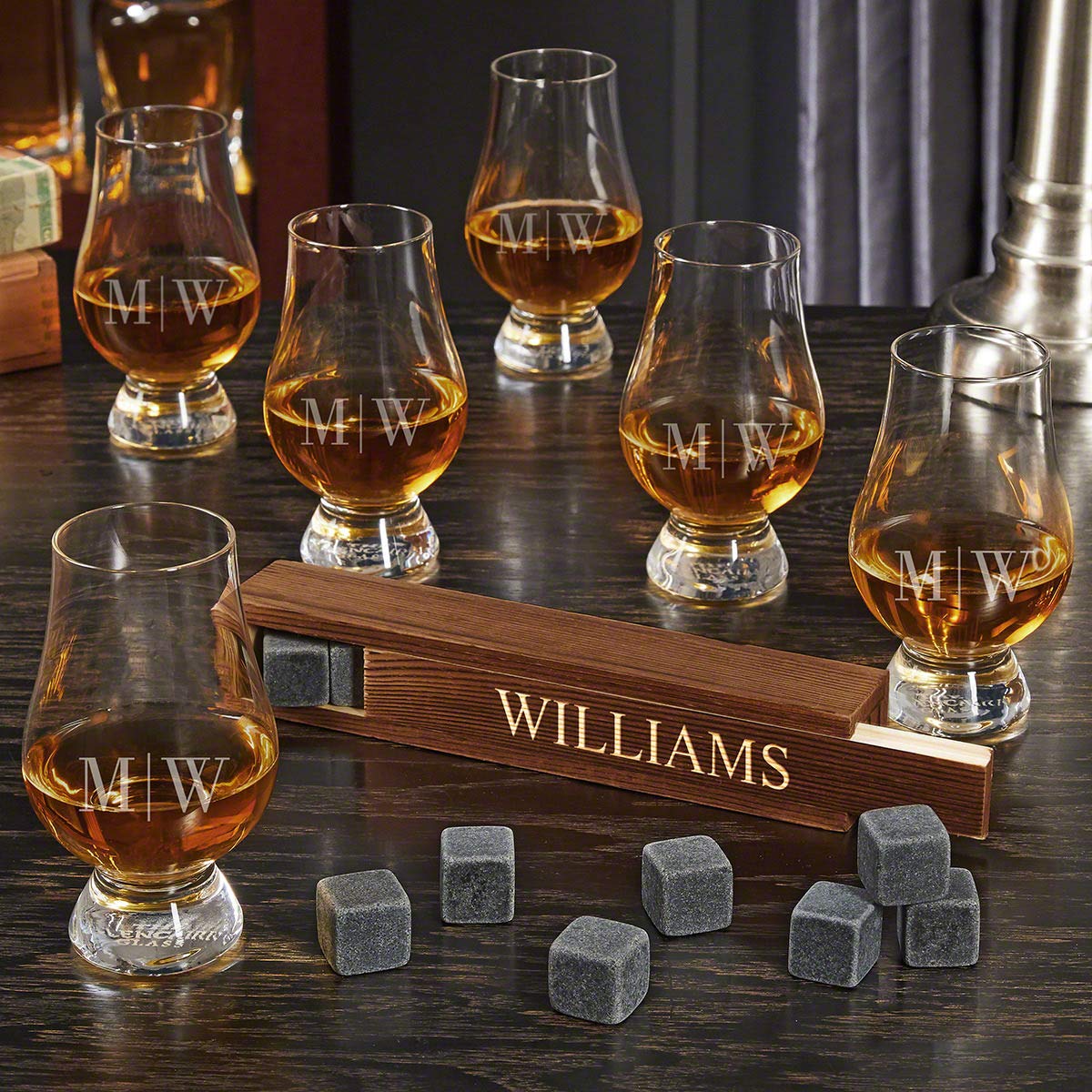 Personalized Quinton Whiskey Stone Set with 6 Glencairn Tasting Glasses - Engraved Gift for Whiskey Lovers - Perfect for Bourbon, Scotch & Whiskey Tasting Parties