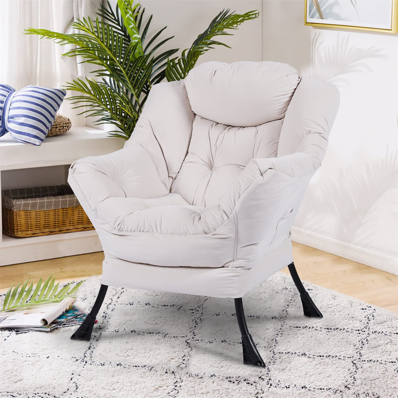 Modern Velvet Fabric Recliner Chair - Plush Upholstered Single Seater Lounge Chair with Armrests & Side Pocket - Soft Contemporary Accent Chair for Living Room, Bedroom & Office - Perfect for Relaxing, Reading or Watching TV (Beige)