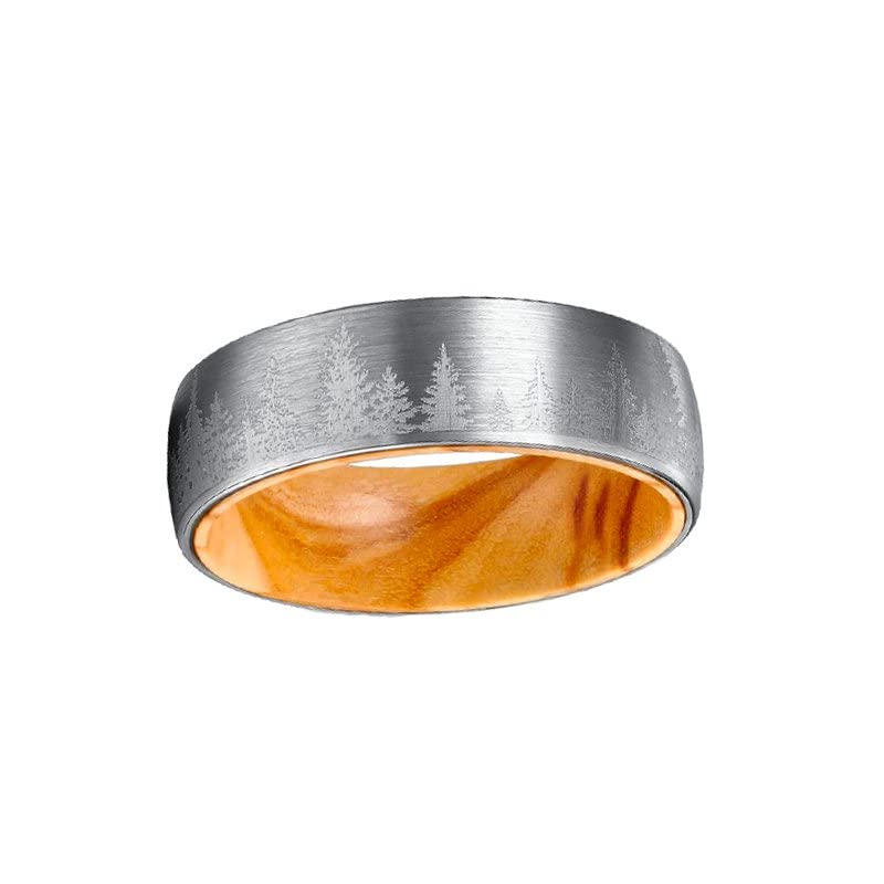 Handcrafted Koa Wood Ring with Forest Etching - 6mm Silver Tungsten & Wood Inlay Wedding Band for Men & Women | Unique Couples Ring Set for Anniversary, Engagement & Everyday Wear
