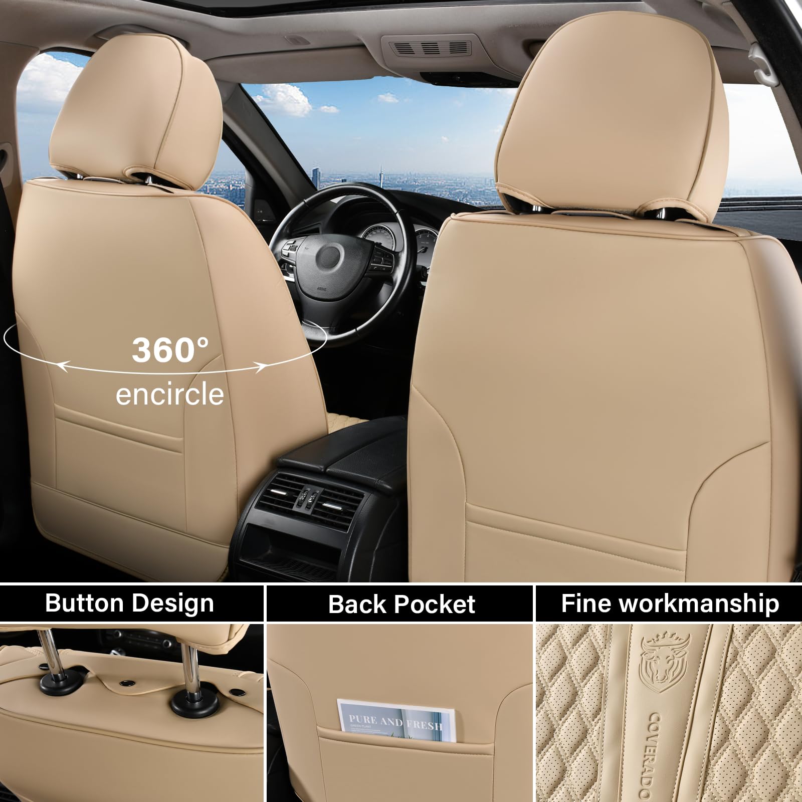 Premium Nappa Leather Front Seat Covers for Cars - Waterproof Universal Fit with Lumbar Support | Compatible with Most SUVs, Trucks & Sedans | Beige Color | Perfect for Daily Commute, Road Trips & Vehicle Protection