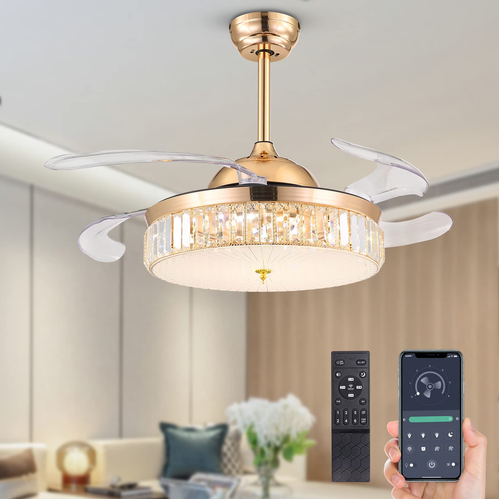 CROSSIO 42 Inch Crystal Ceiling Fan with Dimmable LED Lights - Remote Control Retractable Gold Chandelier Fan for Bedroom, Living Room & Dining Room | Modern Home Decor, Energy Efficient Cooling & Ambient Lighting Solution