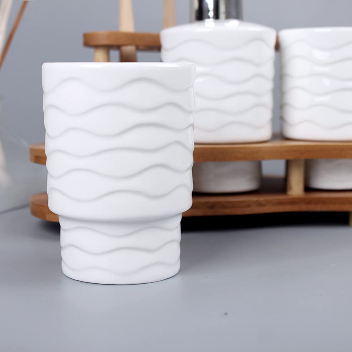 White Ceramic Bathroom 4-Piece Set - Toothbrush Holder, Soap Dispenser & Mouthwash Cup | Modern Minimalist Bath Accessories for Home | Perfect for Vanity, Countertop & Guest Bathroom Organization