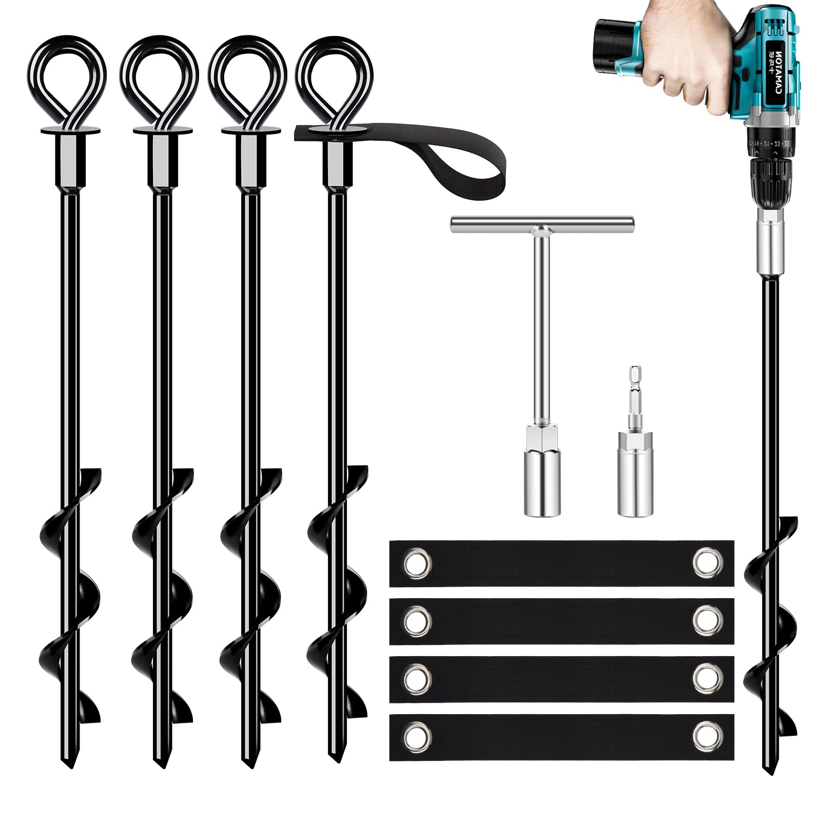 Heavy Duty Trampoline Anchors Set of 4 - Wind Resistant Ground Stakes with Straps for Outdoor Safety - Perfect for Backyard, Garden, and Playground Use