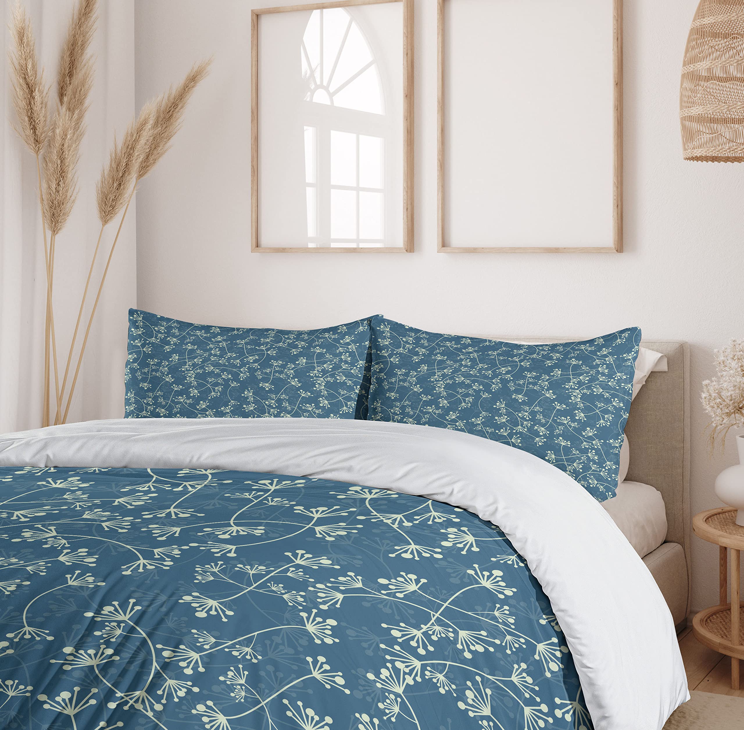 Ambesonne Floral Duvet Cover Set - Nature Inspired Twiggy Plants & Petals Spring Design, 3-Piece Bedding Set with 2 Pillow Shams, California King Size, Pale Green Slate Blue - Perfect for Spring Bedroom Decor & Guest Room Styling