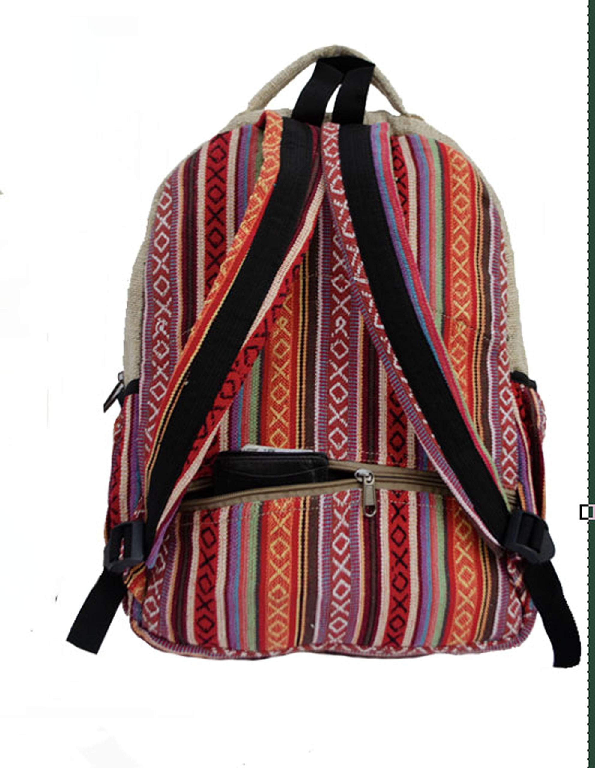 Eco-Friendly Handmade Hemp Backpack - Large Boho Laptop Bag with Multiple Pockets | 100% Natural Hemp Fabric | Perfect for Travel, Hiking & College (Tribal Stripe Design)