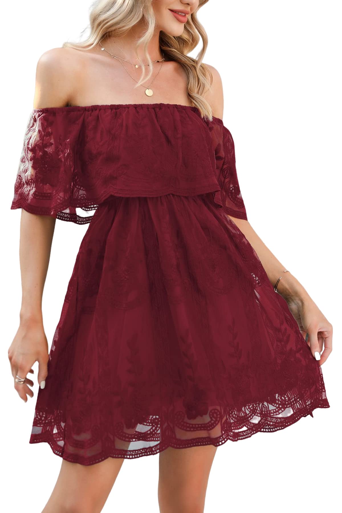 HOYISHION Women's Floral Embroidered V-Neck Lace Mini Dress - Short Sleeve Cocktail Party Dress for Wedding Guest, Date Night & Summer Outings