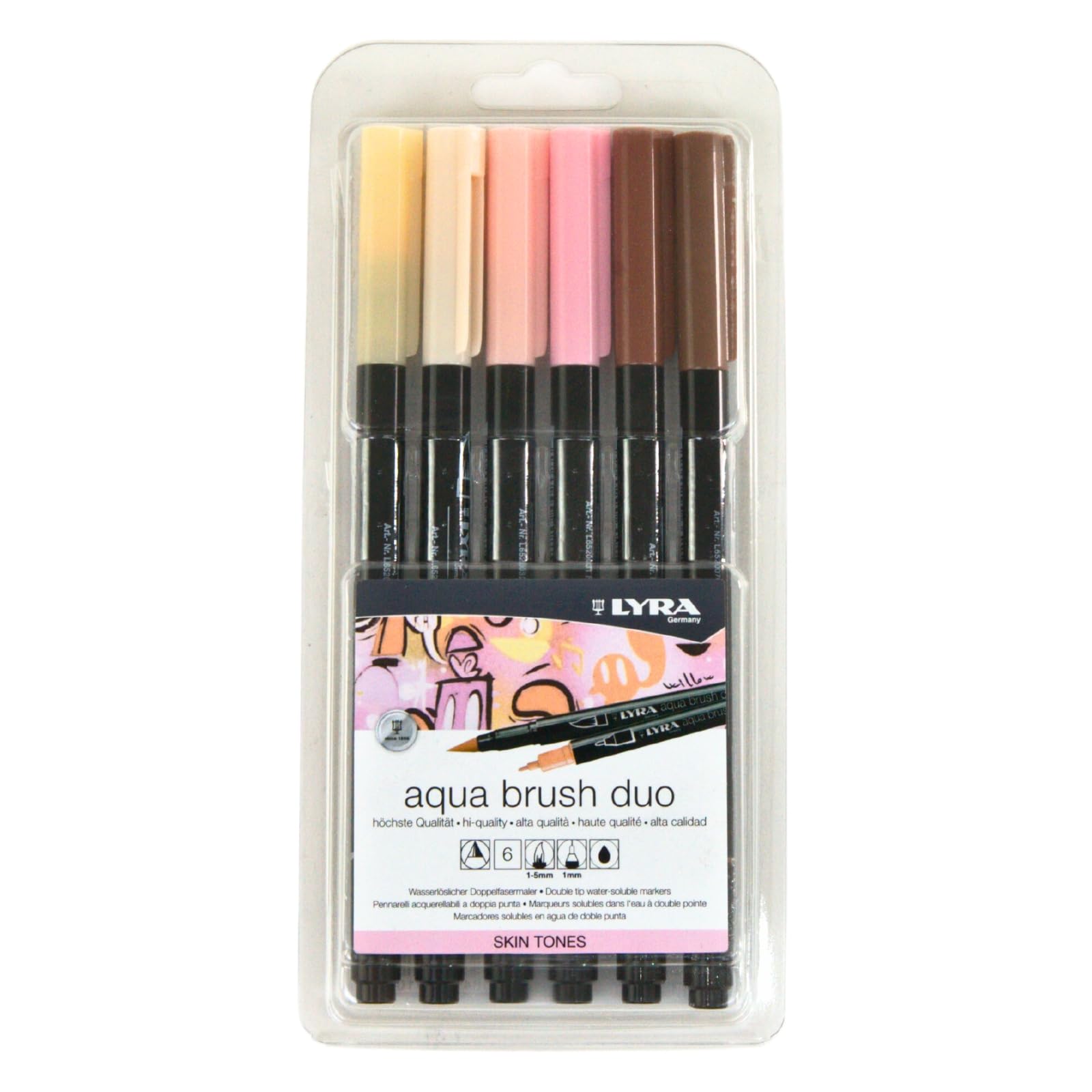 Lyra Aqua Brush Duo Brush Markers - 6 Pack Water-Based Dual Tip Art Markers for Fine Details & Wide Strokes | Professional Grade Blending Markers for Artists, Beginners & All Ages | Perfect for Sketching, Calligraphy, Bullet Journaling & Adult Coloring Books