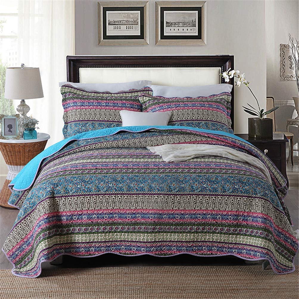 Reversible Cotton Quilted Bedspread Set - Single Size 2-Piece Boho Patchwork Blanket with Vintage Red Stripe (Blue) | Soft Bedding for Cozy Nights & Boho Chic Home Decor