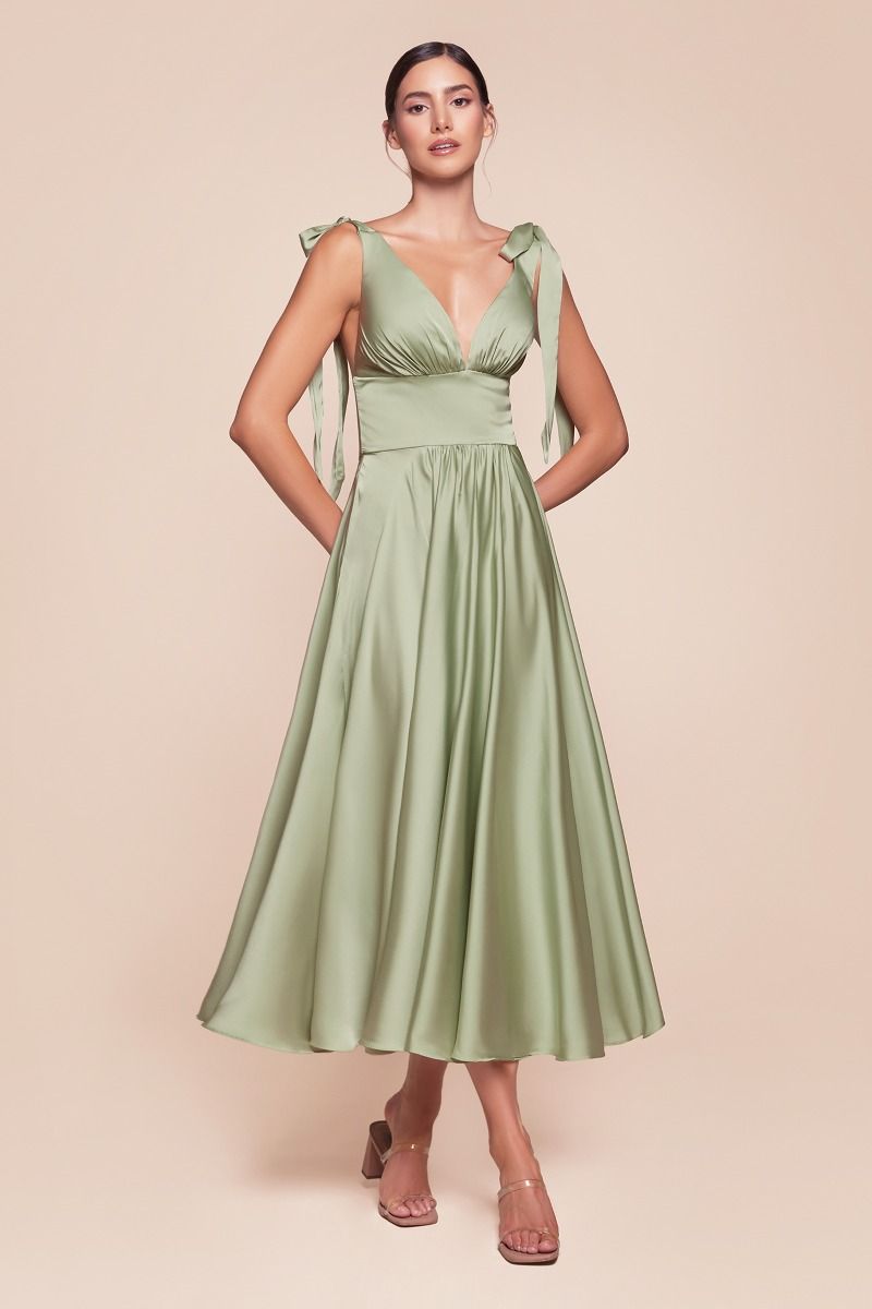 Elegant Sage Green Midi Dress - Soft Satin A-Line Tea Length Dress for Women | Perfect for Weddings, Parties & Special Occasions
