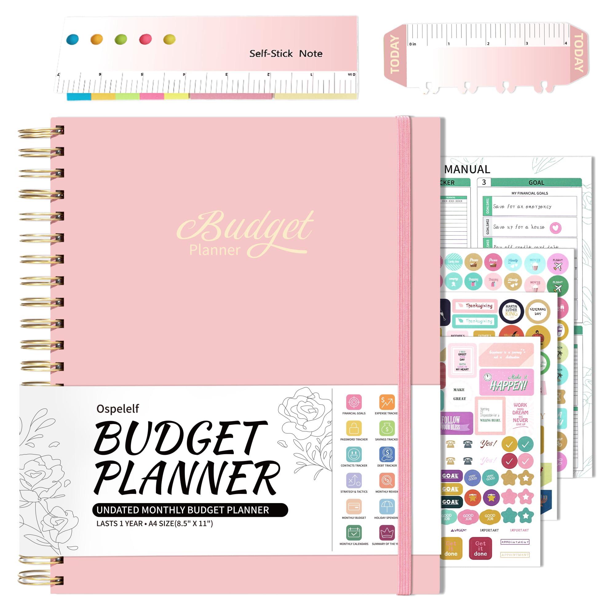 Ospelelf 2025 Budget Planner - Spiral Monthly Bill Organizer with Stickers, 8.5 x 11 Financial Planner & Expense Tracker, Undated Budget Book with 12 Pockets & Zipper Pouch (Pink) - Perfect for Personal Finance Management, Bill Tracking, and Money Saving Goals