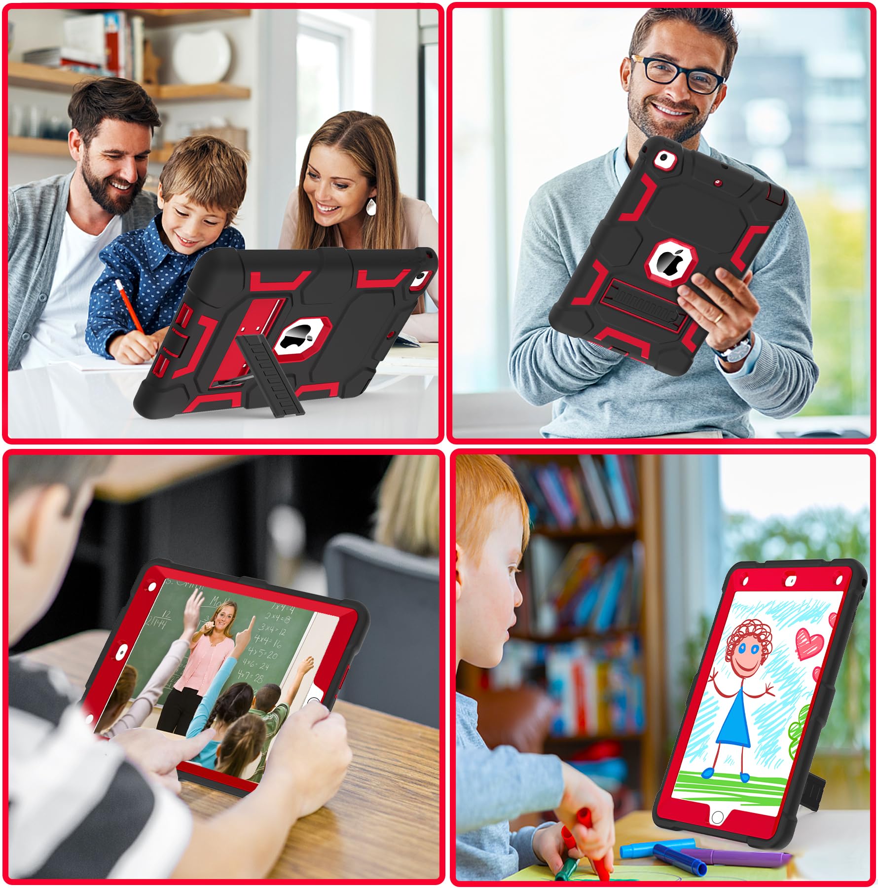 Shockproof iPad 9.7 Case with Kickstand - Compatible with iPad 6th/5th Gen (2018/2017), iPad Air 2 (2014) | Hybrid Protective Cover for Kids & Boys (Black+Red) | Perfect for School, Travel & Daily Use
