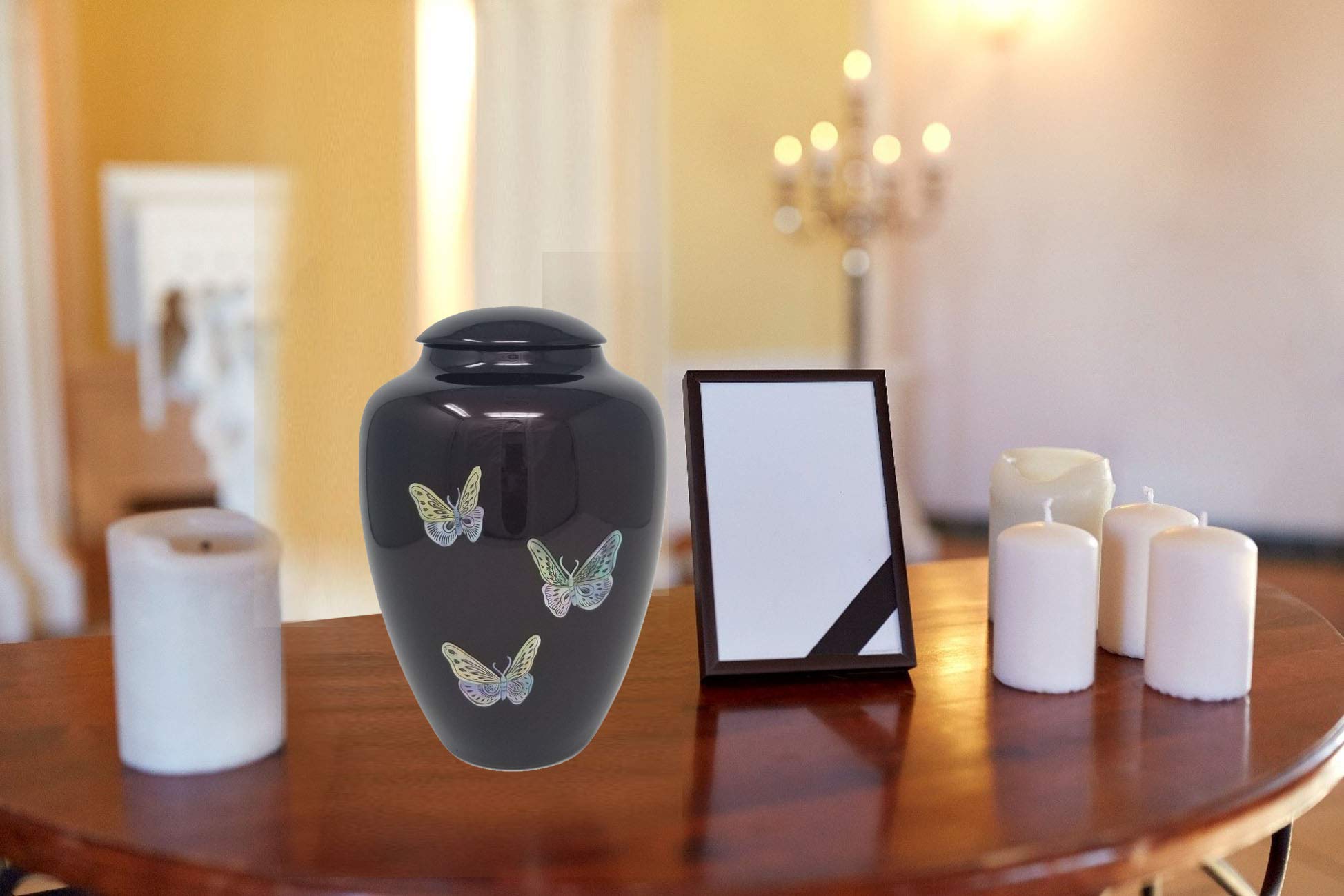 Handcrafted Fiber Glass Cremation Urn - Mother of Pearl Finish Adult Urn - Lightweight Funeral Urn for Ashes with Free Velvet Bag & Ash Bag (Burgundy Butterfly) - Perfect for Memorial Services, Home Display & Scattering Ceremonies