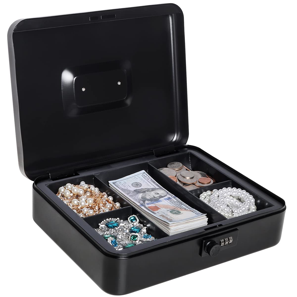 Kasten Heavy Duty Metal Cash Box with Money Tray & Combination Lock - Large Black Money Storage Box (11.8